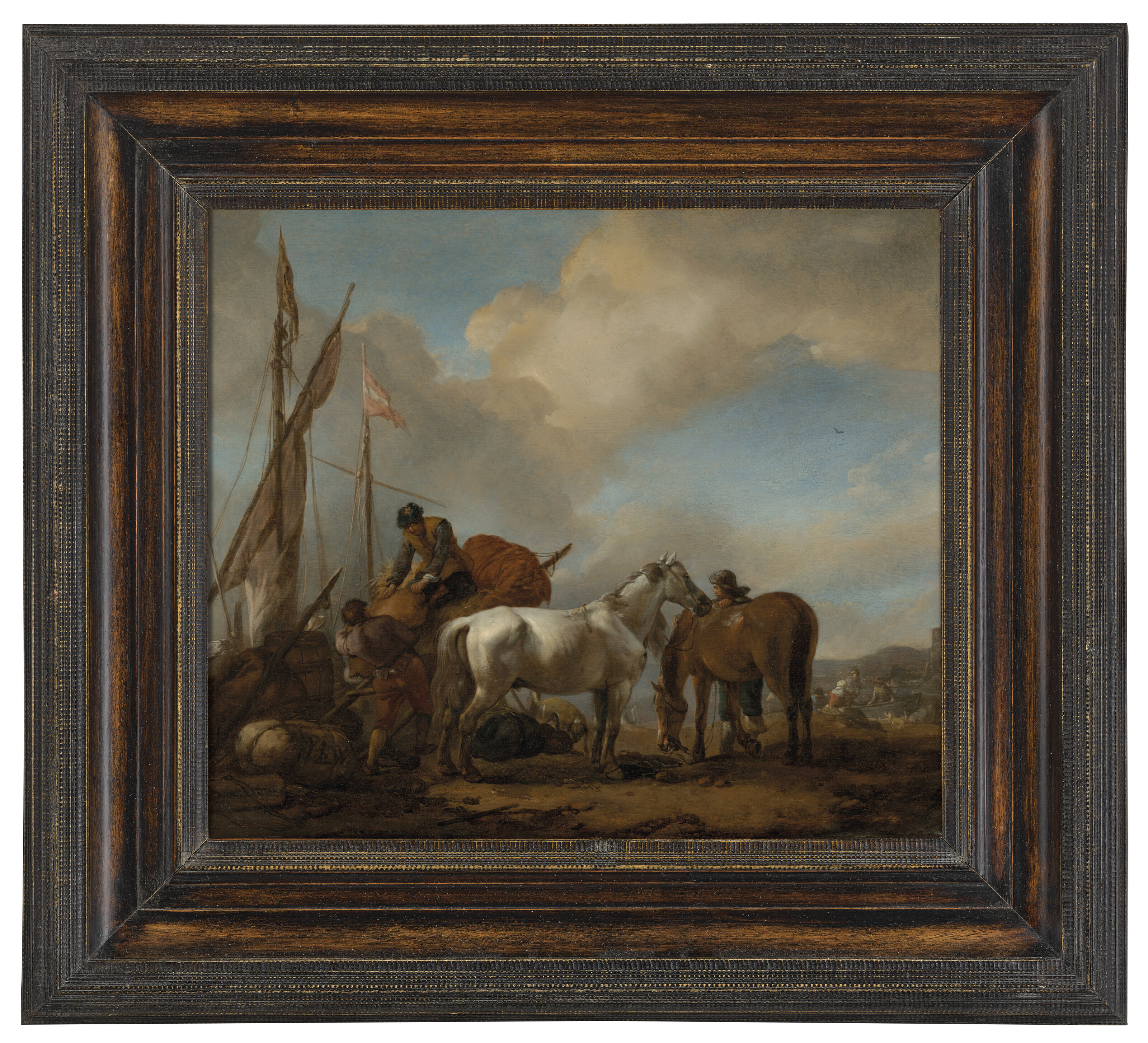 Philips Wouwerman — Лошади на фоне пейзажа с фигурами, грузящими тюки в лодку
