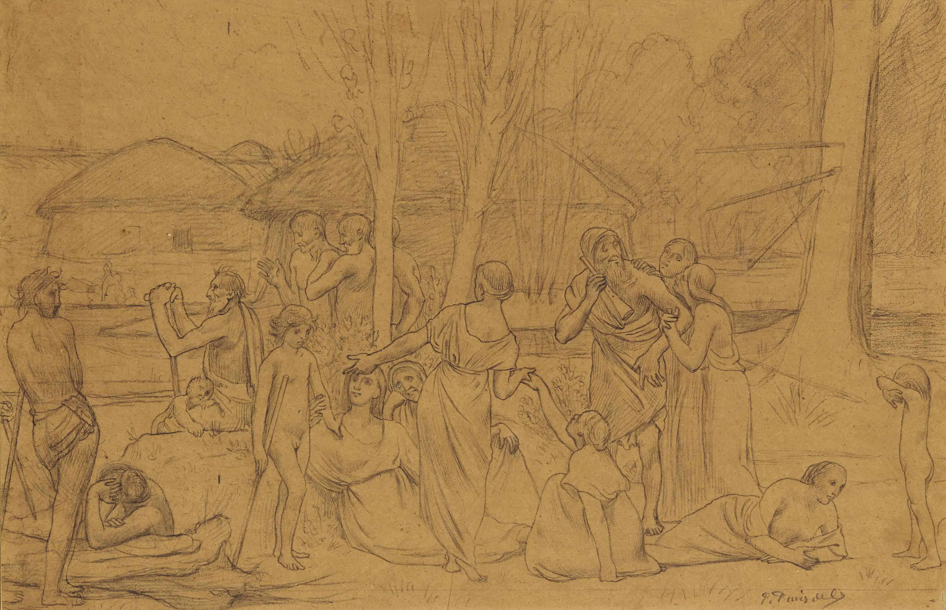 Pierre Puvis De Chavannes — Этюд для Ludus pro patria : Группа фигур в классических костюмах собралась на берегу реки