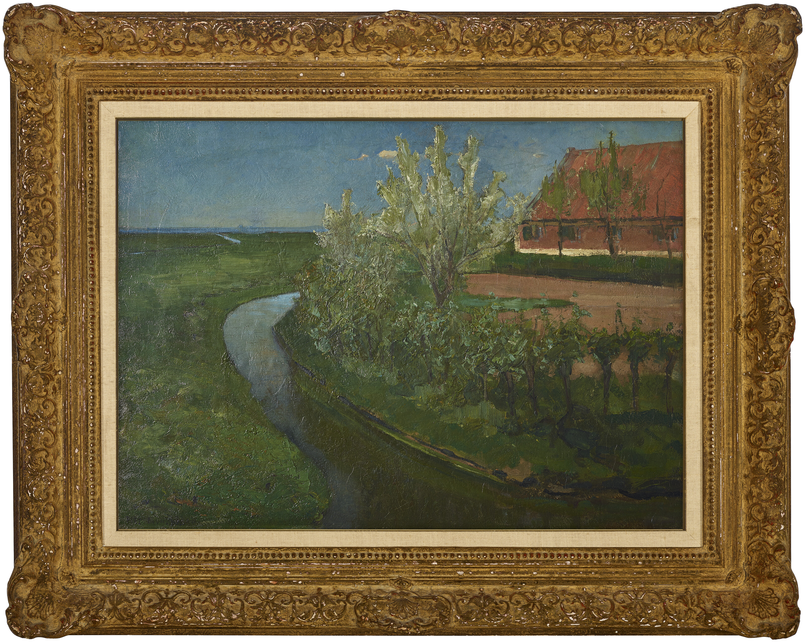 Piet Mondrian — Изогнутая ирригационная канава, окаймляющая фермерский двор с цветущими деревьями (Gebogen irrigatiegracht grenzend aan boerenerf met Bloeiende bomen), изображение 2