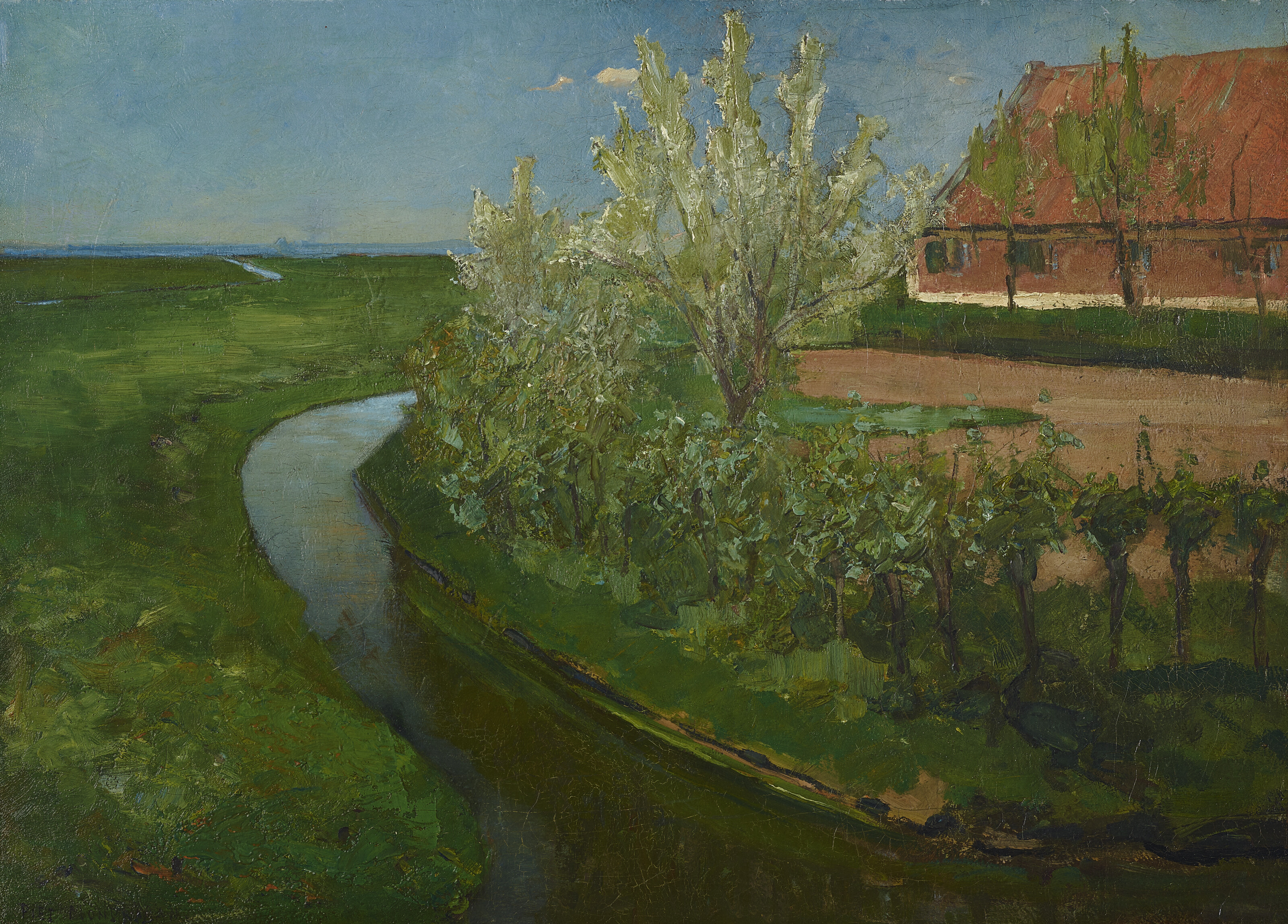 Piet Mondrian — Общая ирригационная система грензенд-ан-беренерф-мет-Блойенде-бомен (Изогнутая ирригационная канава, окаймляющая фермерский двор с цветущими деревьями)