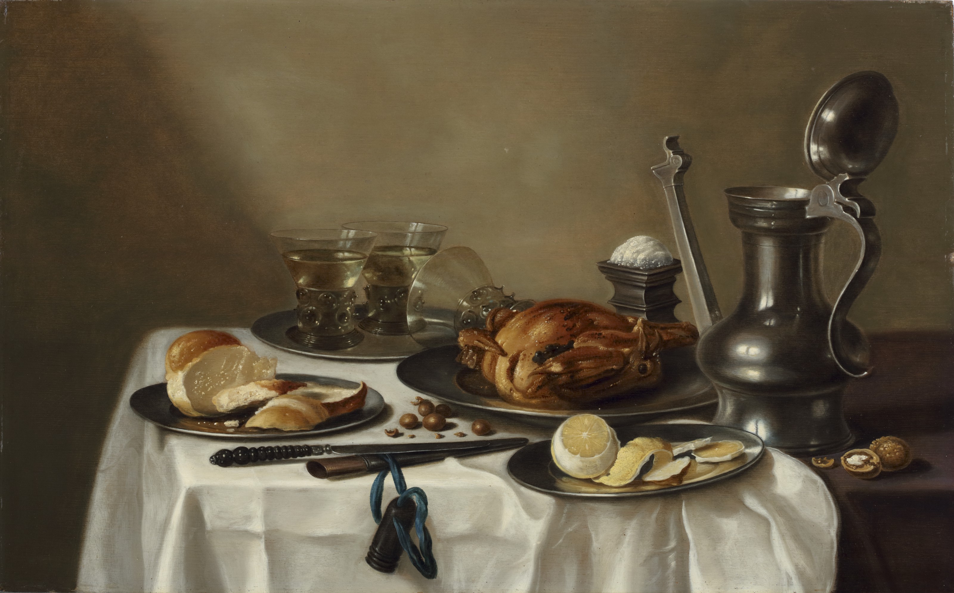 Pieter Claesz — Мясо птицы, оловянное блюдо, нарезанный хлеб, очищенный лимон и два бокала белого вина - все это на оловянных блюдах, нож, пивная кружка и солонка - все это на накрытом столе