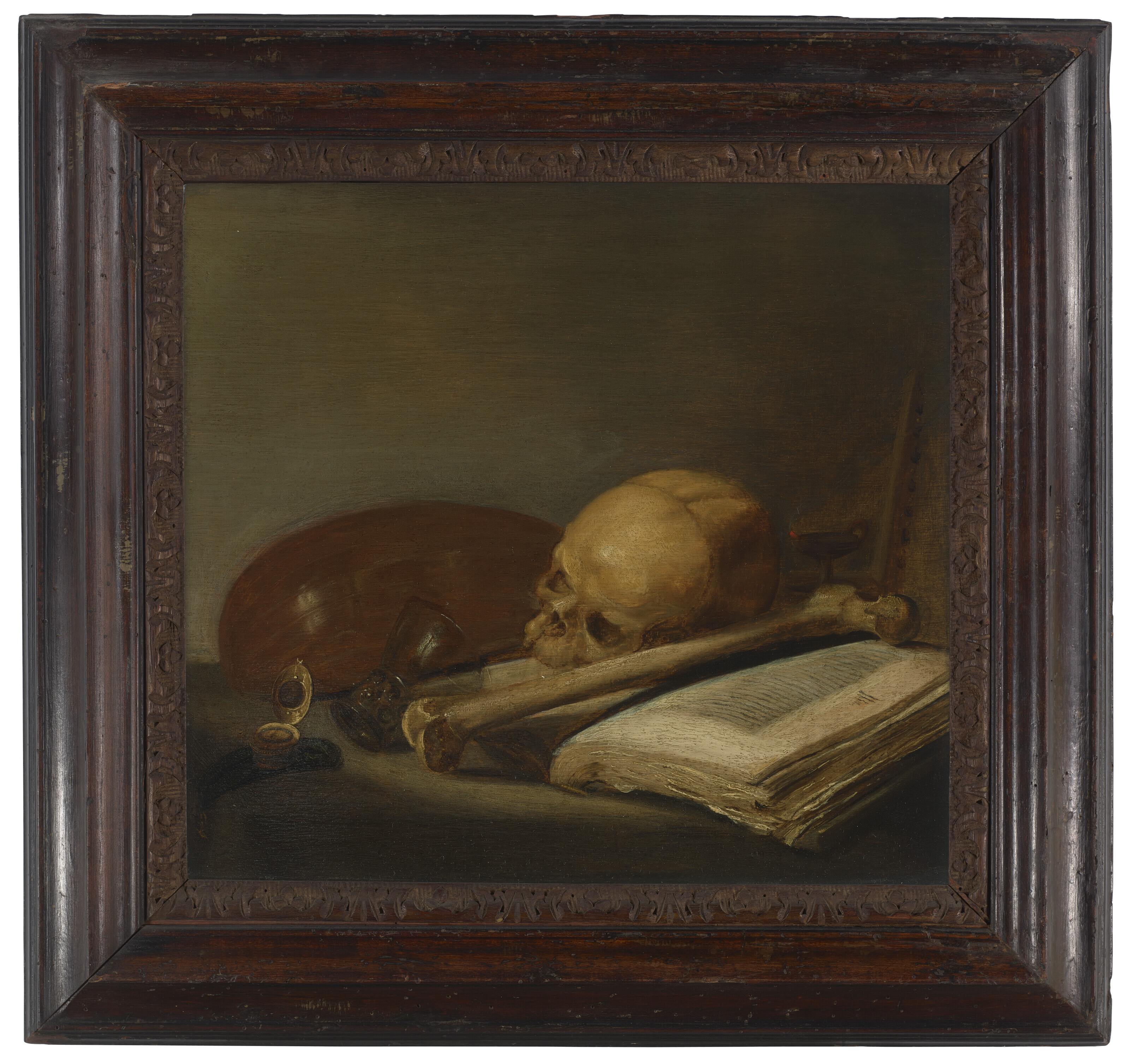 Pieter Claesz — Череп, кости, книга, лютня и часы на выступе