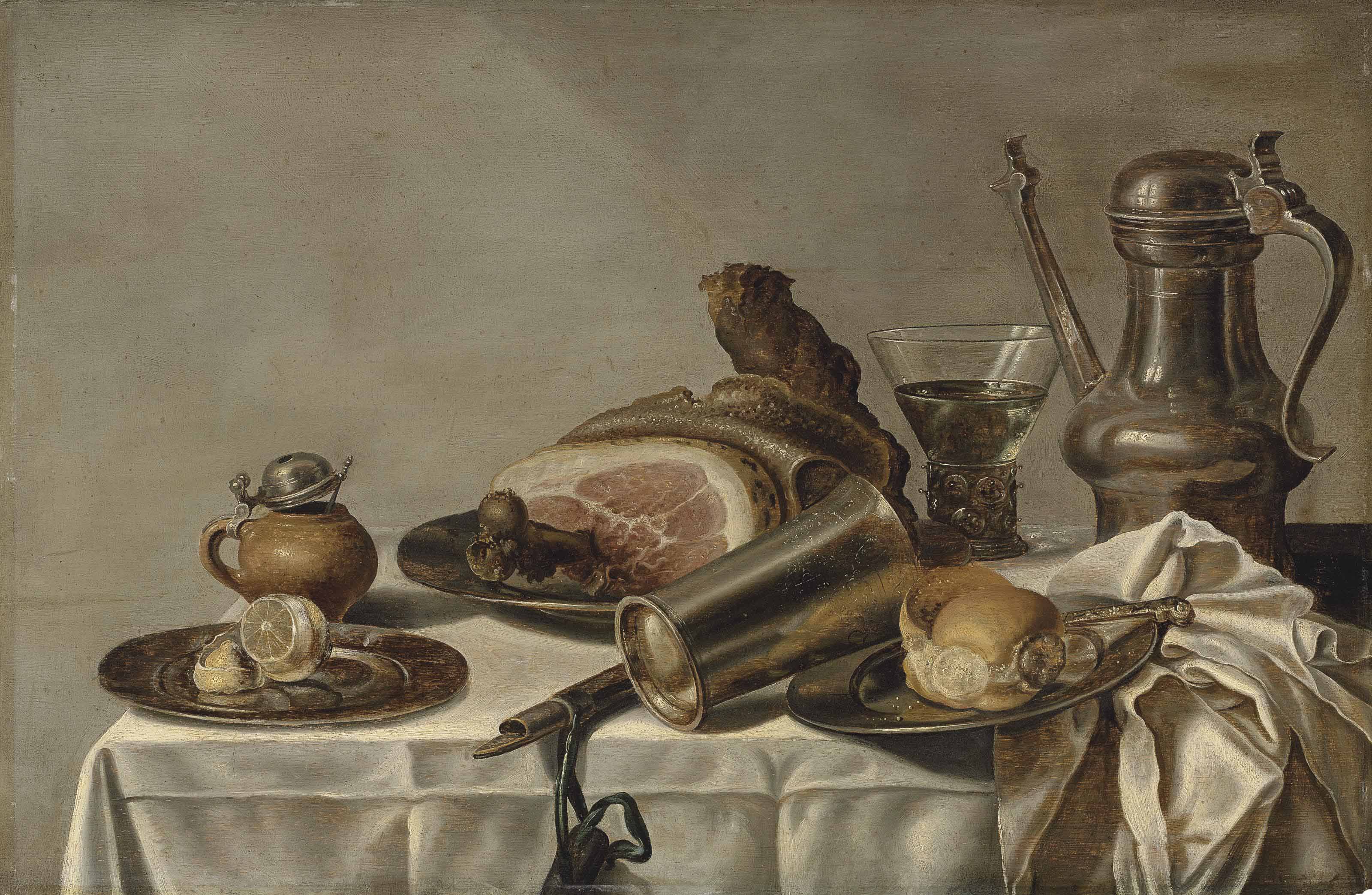 Pieter Claesz — Ветчина на оловянном блюде, очищенный лимон и рулет на оловянных блюдах, пивная кружка, ремер и кубок на частично задрапированном столе