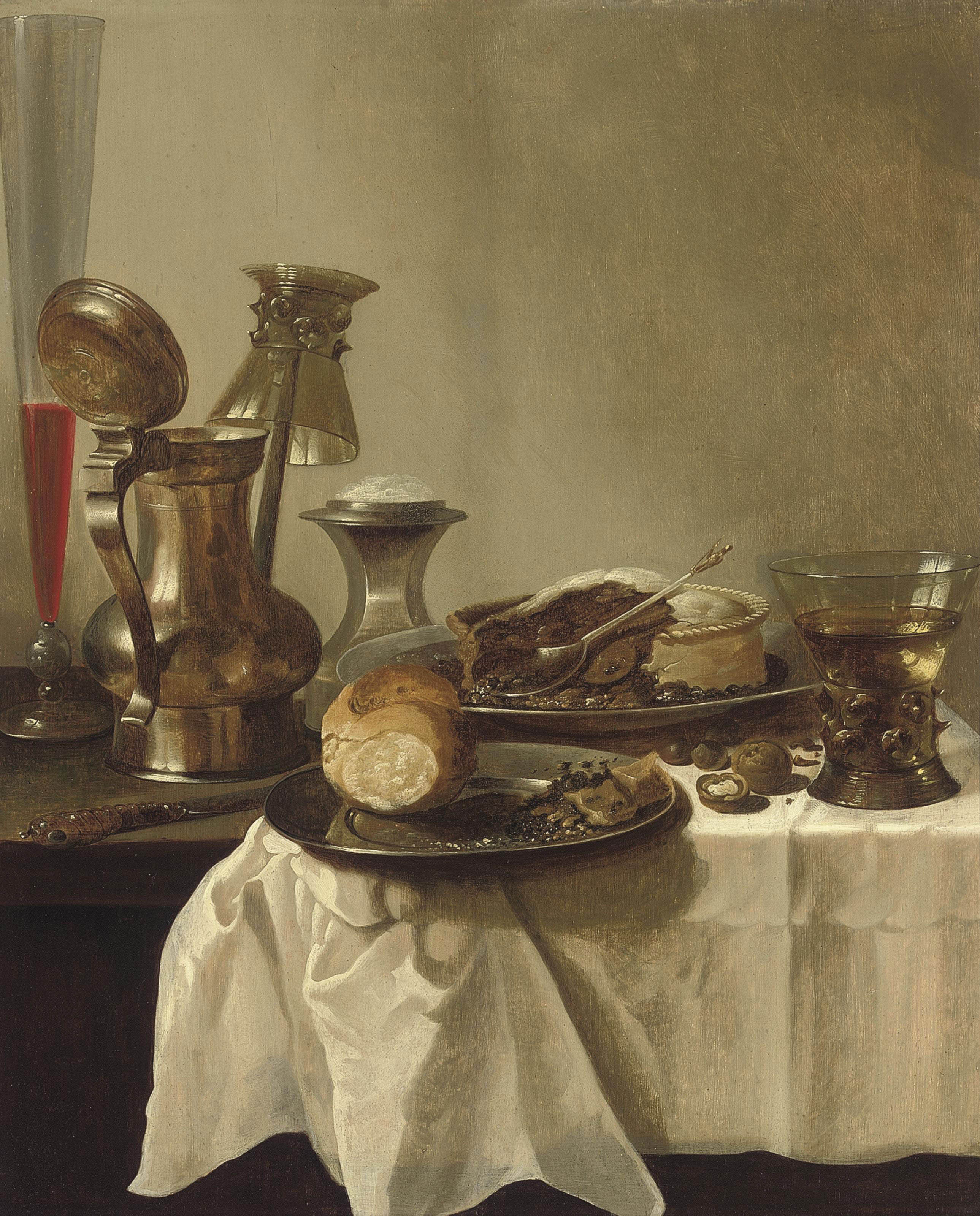 Pieter Claesz — Оловянный кувшин с перевернутым ремером, бокал с вином в венецианском стиле и пирог на оловянном блюде на частично задрапированном столе