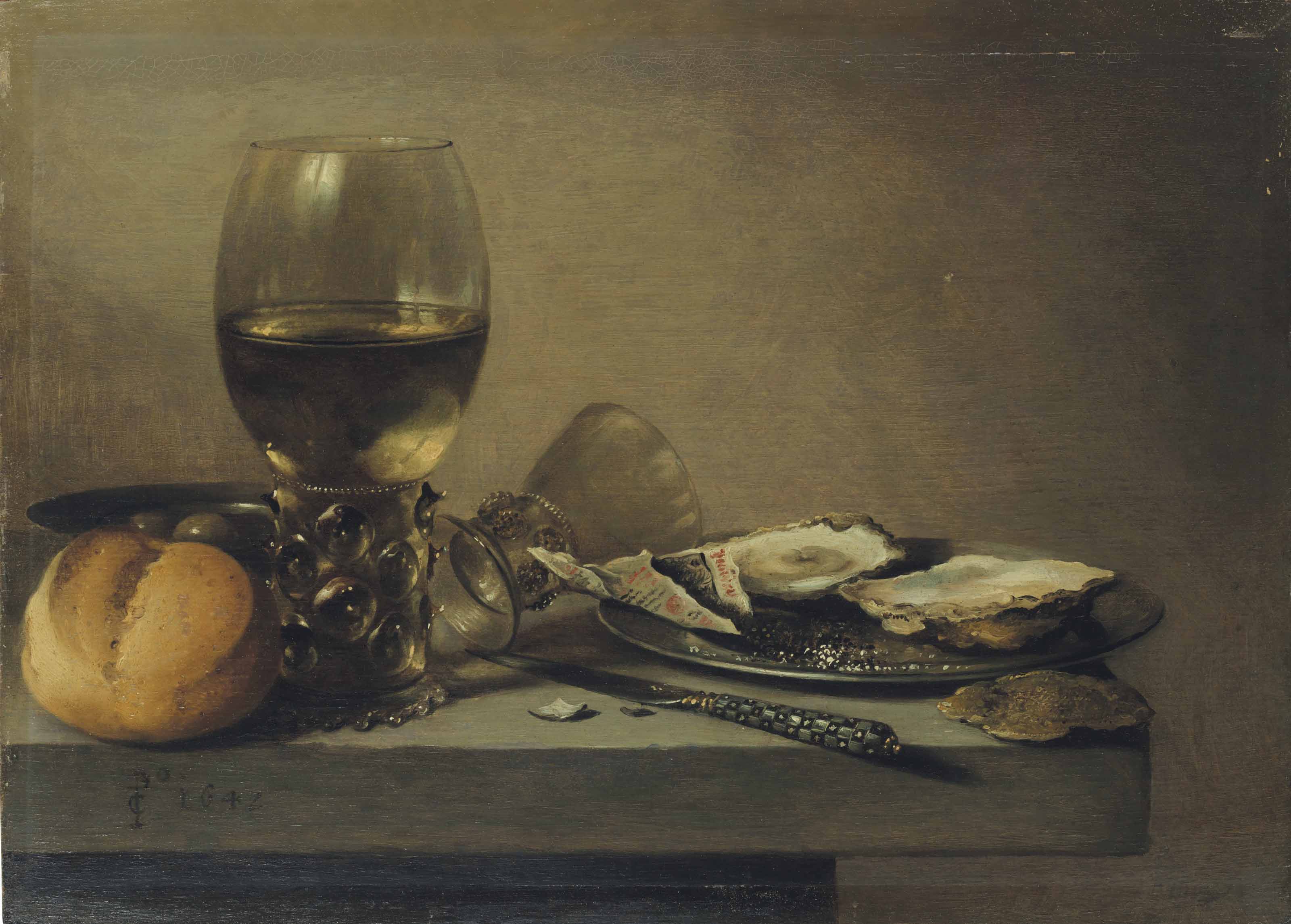 Pieter Claesz — Два румера , булочка, тарелка с оливками, нож, табак и устрицы на оловянном блюде на столе