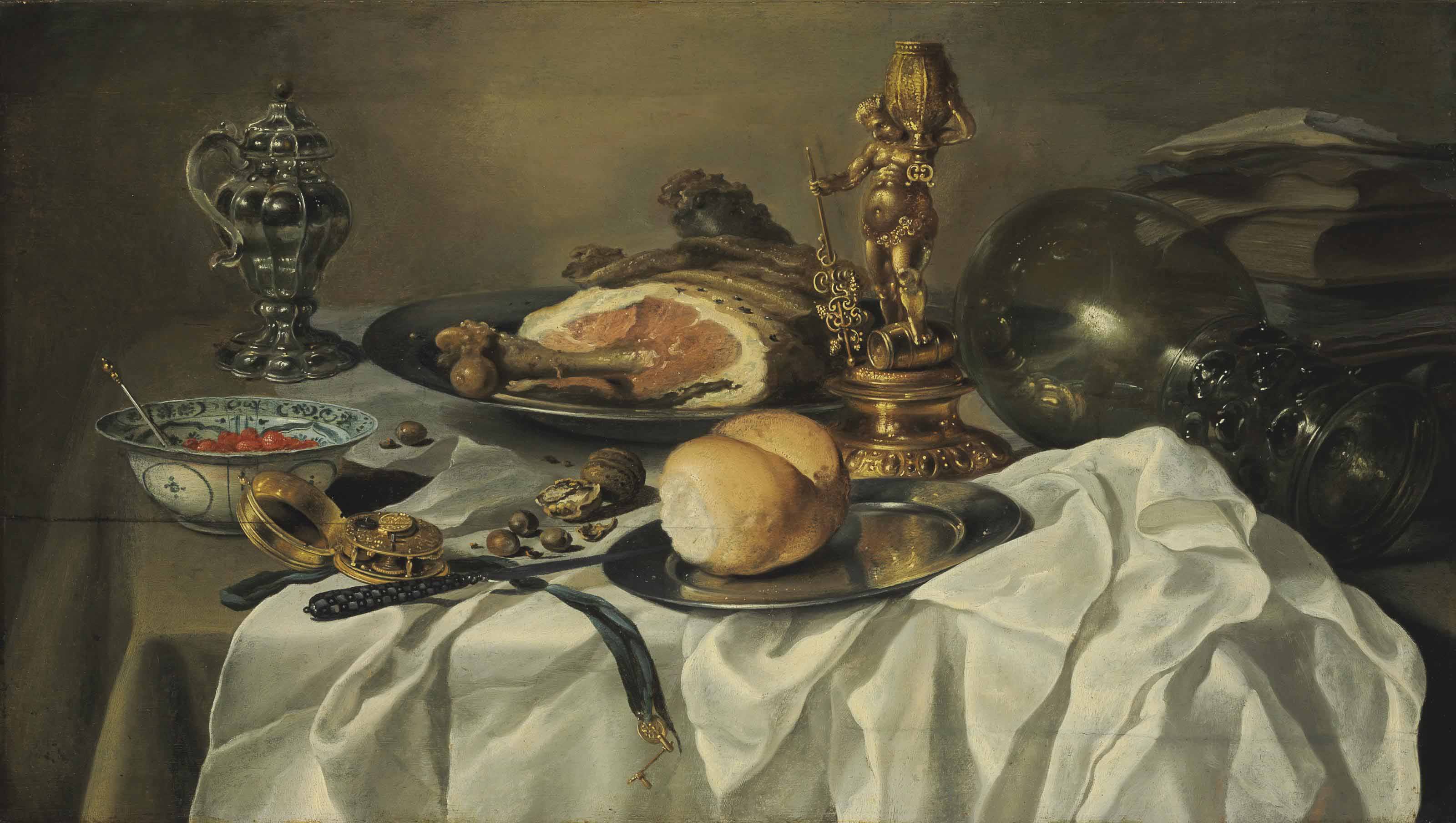 Pieter Claesz — Ветчина с гвоздикой, оловянный кувшин, картофель фри дюбуа на блюде "Ван-Ли", нож, ромеро с орехами, книги, хлеб, карманные часы и соль на задрапированном столе