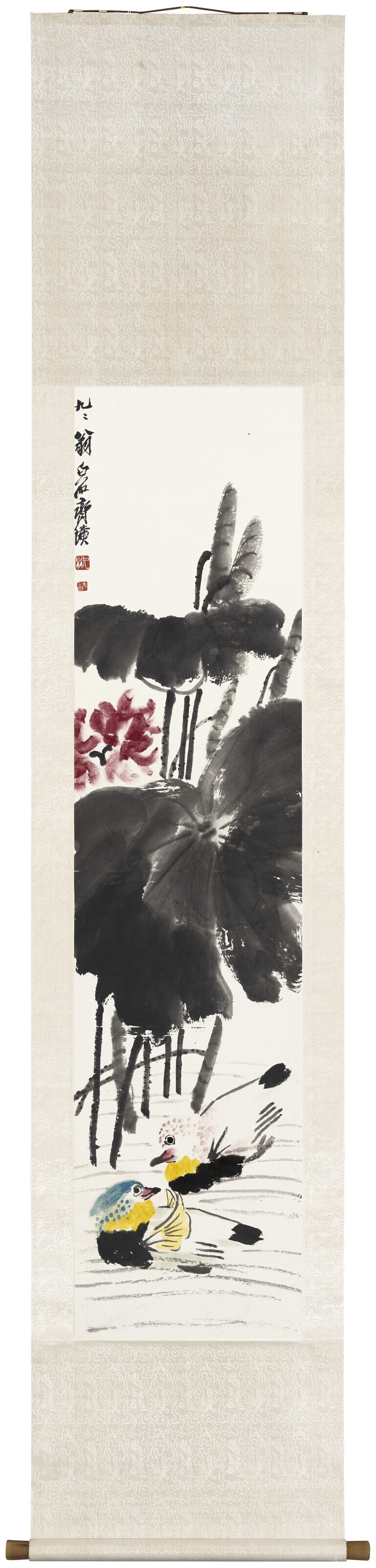 Qi Baishi — Утки-мандаринки в пруду с лотосами, изображение 2