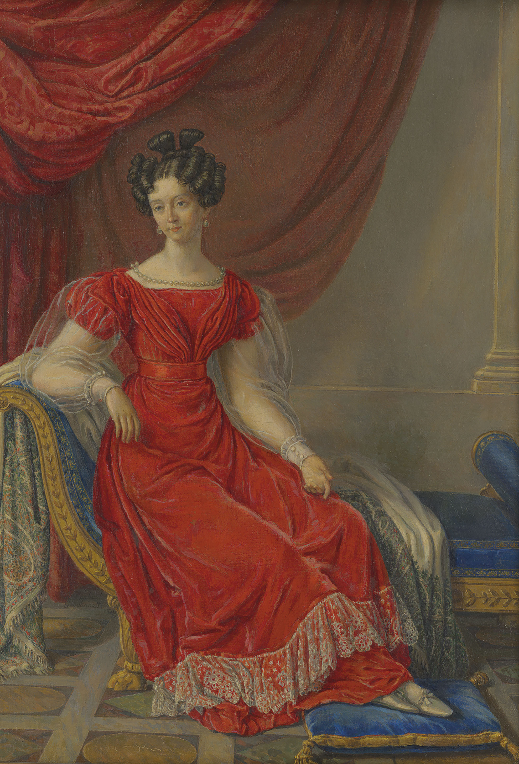 Raphael — Portrait of Maria Theresa of Savoy (1801-1855), full-length, seated, in a red dress, on a chaise-longue, изображение 2