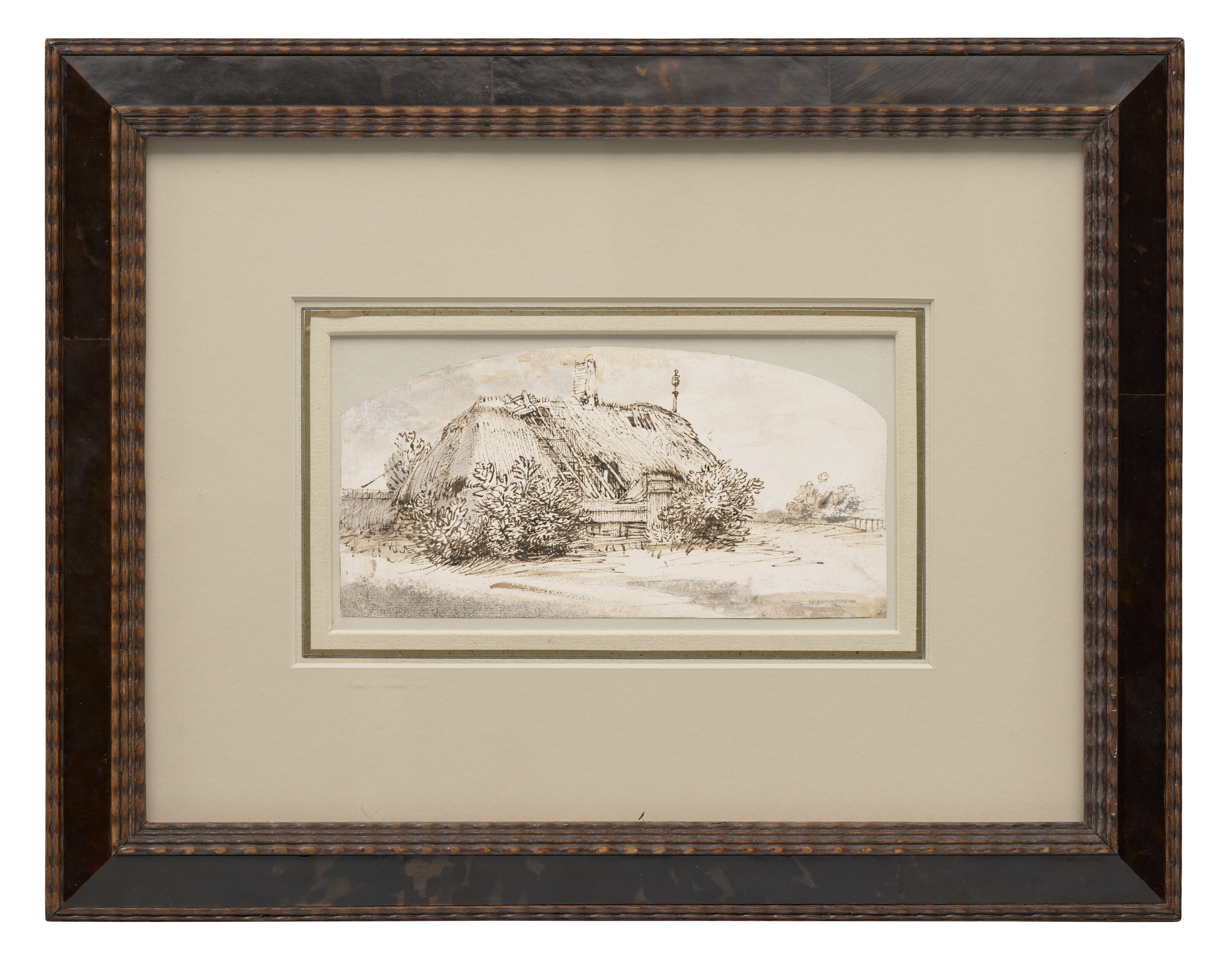 Rembrandt van Rijn — Разрушенный коттедж с соломенной крышей, заросший кустарником, изображение 2