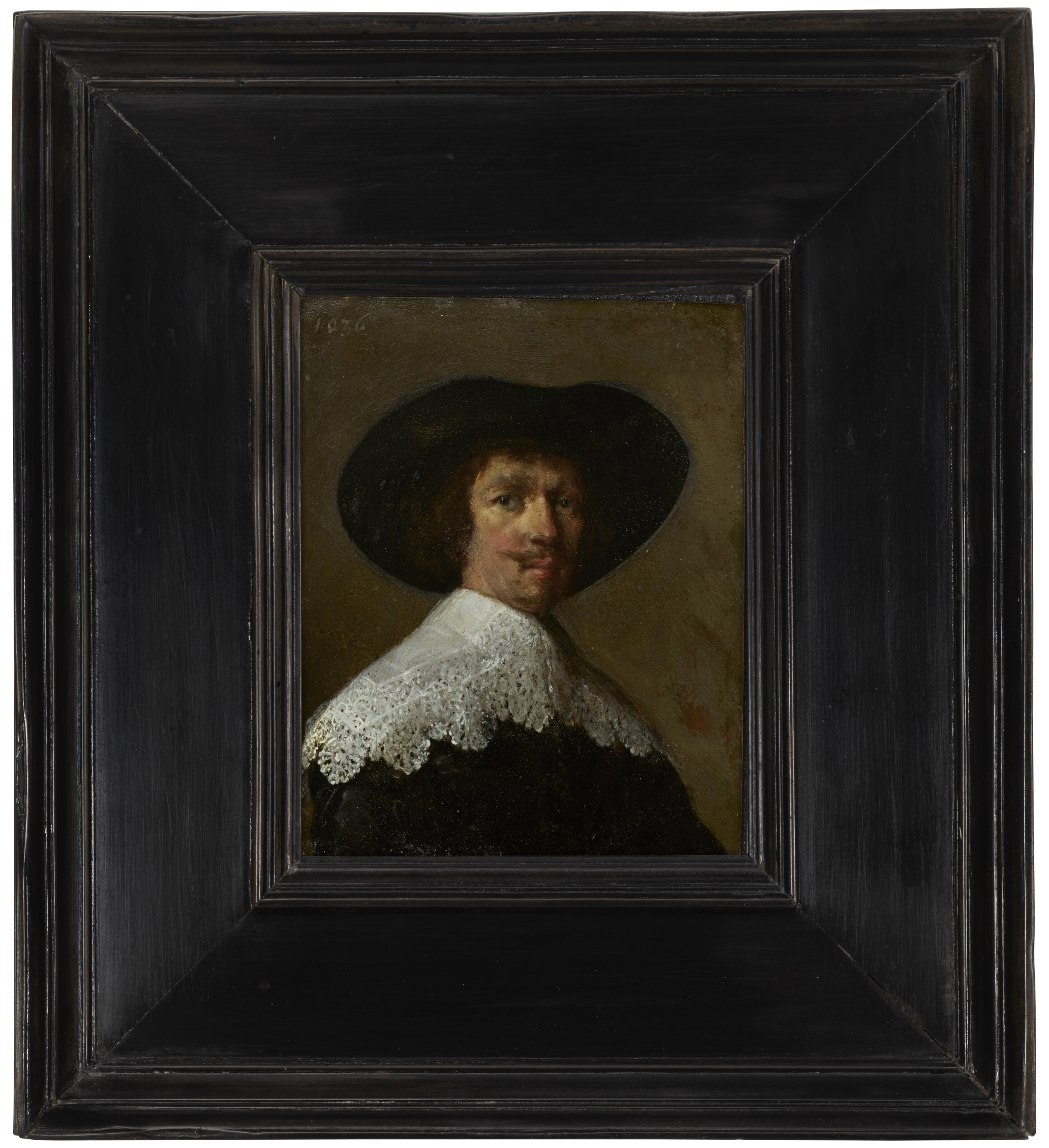 Rembrandt van Rijn — Портрет джентльмена во весь рост, в черном пальто с кружевным воротником и черной шляпе, изображение 2