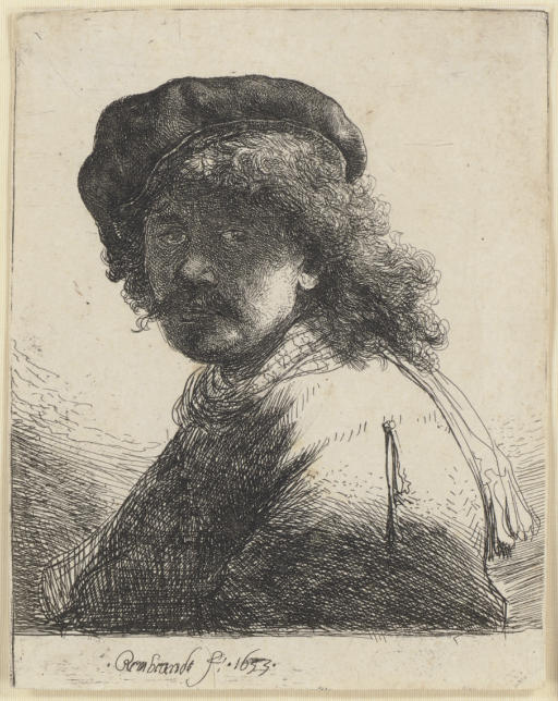 Rembrandt van Rijn — Автопортрет в кепке и шарфе с темным лицом: Бюст (В., Зал. 17; H. 108)