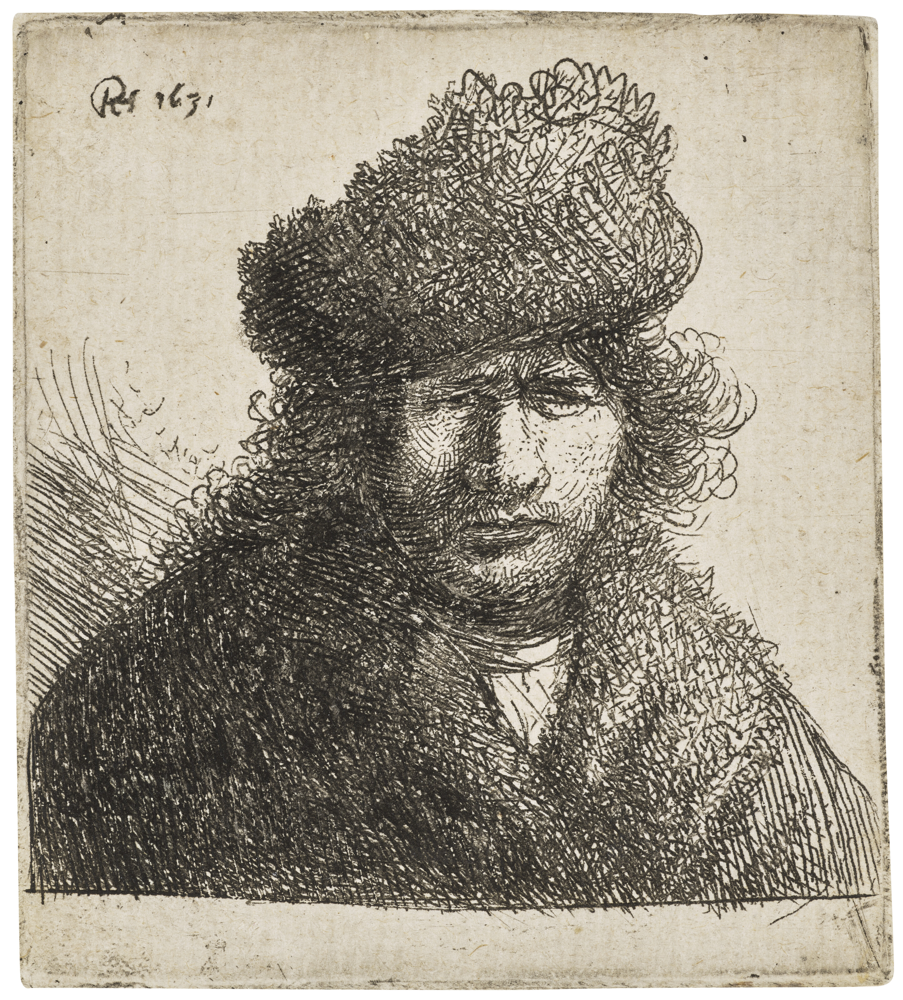 Rembrandt van Rijn — Автопортрет в надвинутой на глаза меховой шапке: Бюст