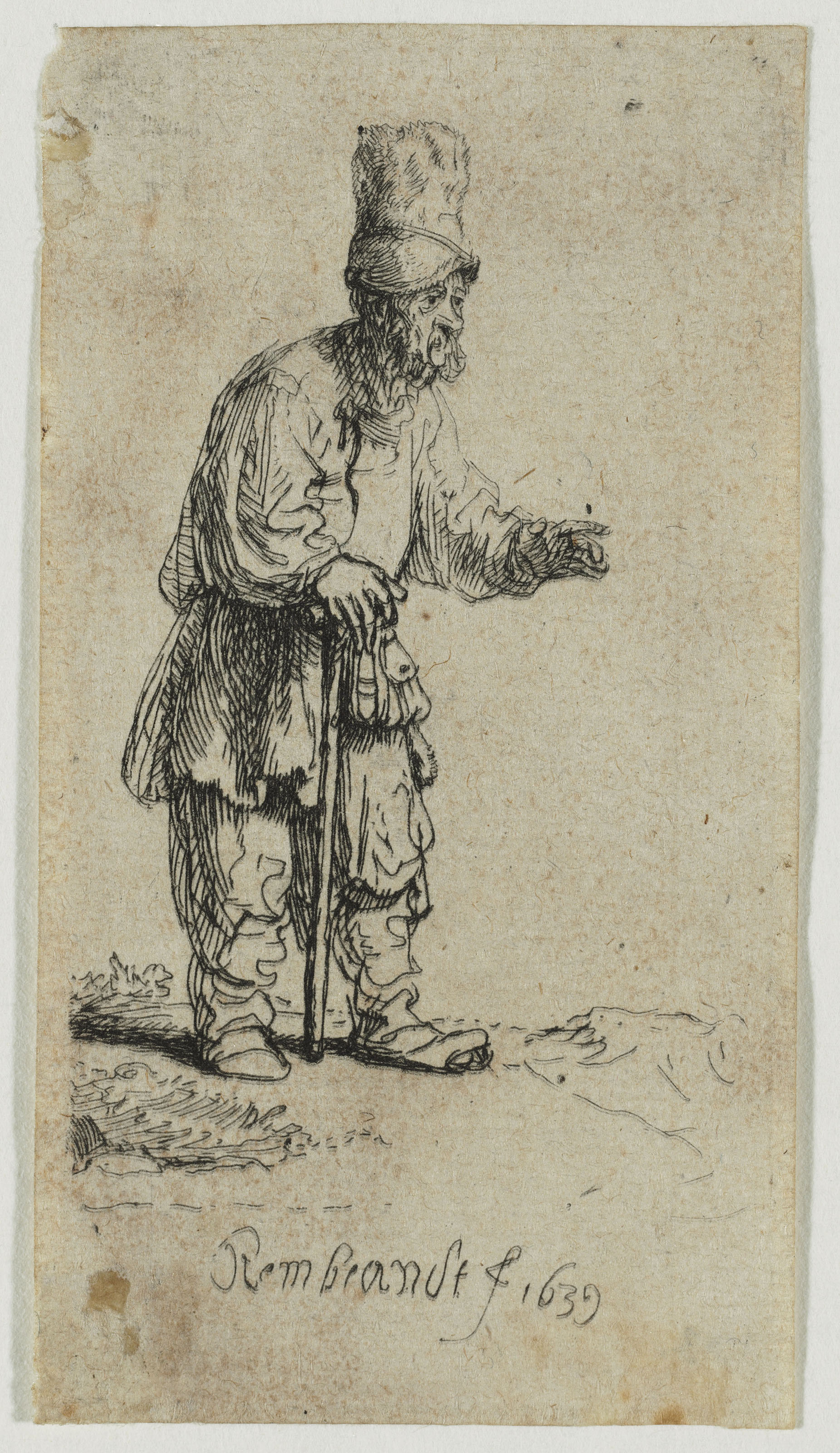 Rembrandt van Rijn — Крестьянин в высокой шапке, стоящий, опираясь на палку, изображение 2