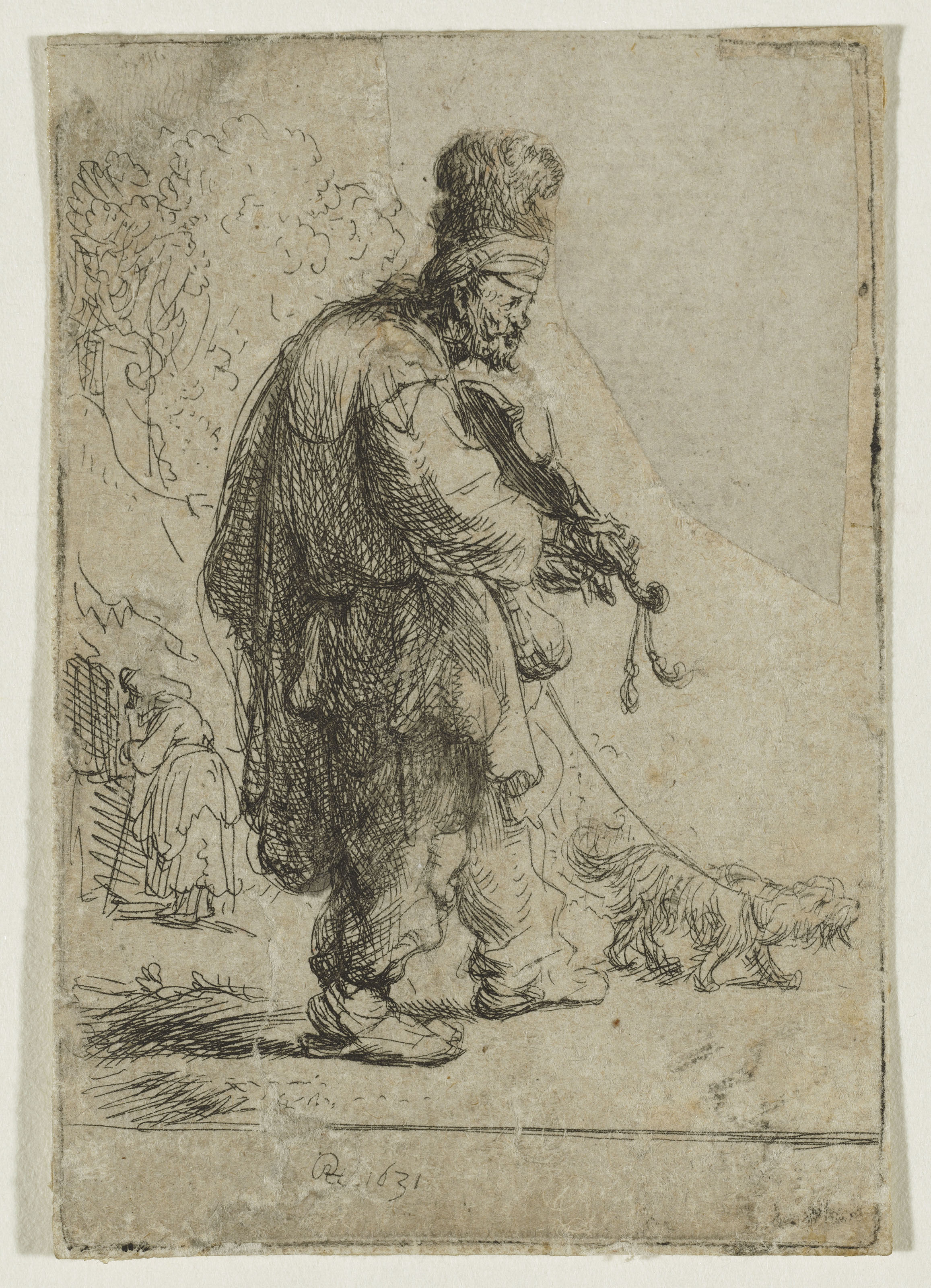 Rembrandt van Rijn — Крестьянин в высокой шапке, стоящий, опираясь на палку, изображение 3