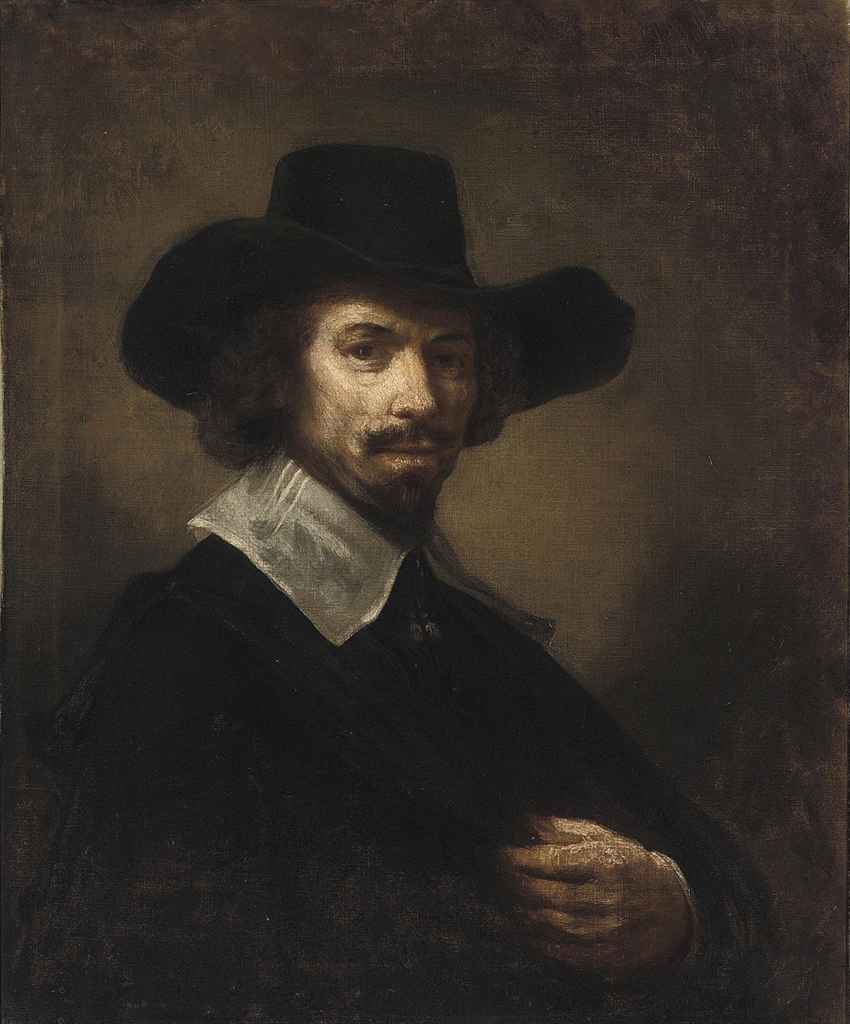 Rembrandt van Rijn — Портрет художника Хендрика Мартенса. Сорг, в полный рост, в черном плаще с белым воротником и черной шляпе