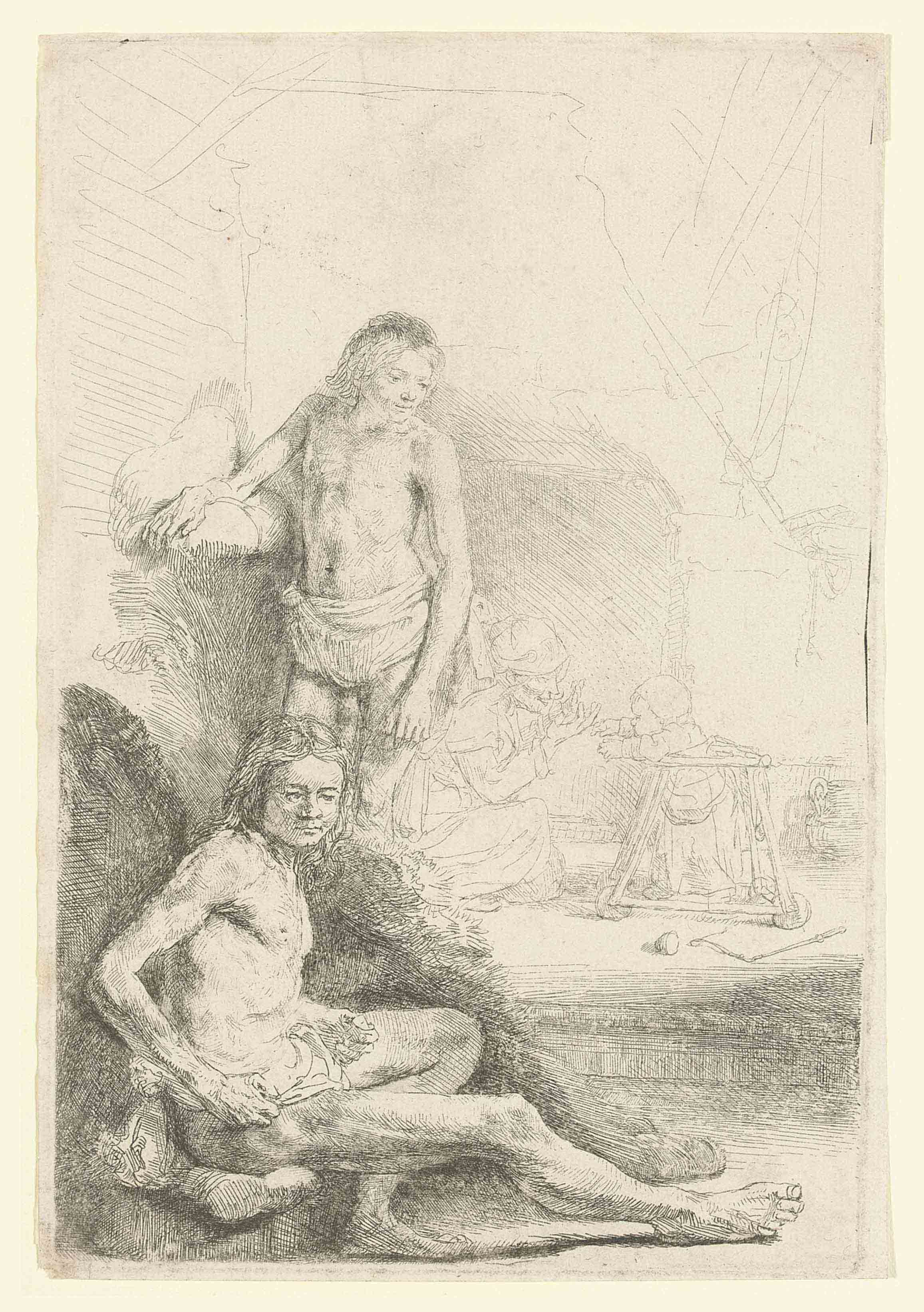Rembrandt van Rijn — Обнаженный мужчина стоит, другой сидит, на заднем плане слегка выделяются женщина и ребенок (В., Зал. 194; Н. 222)