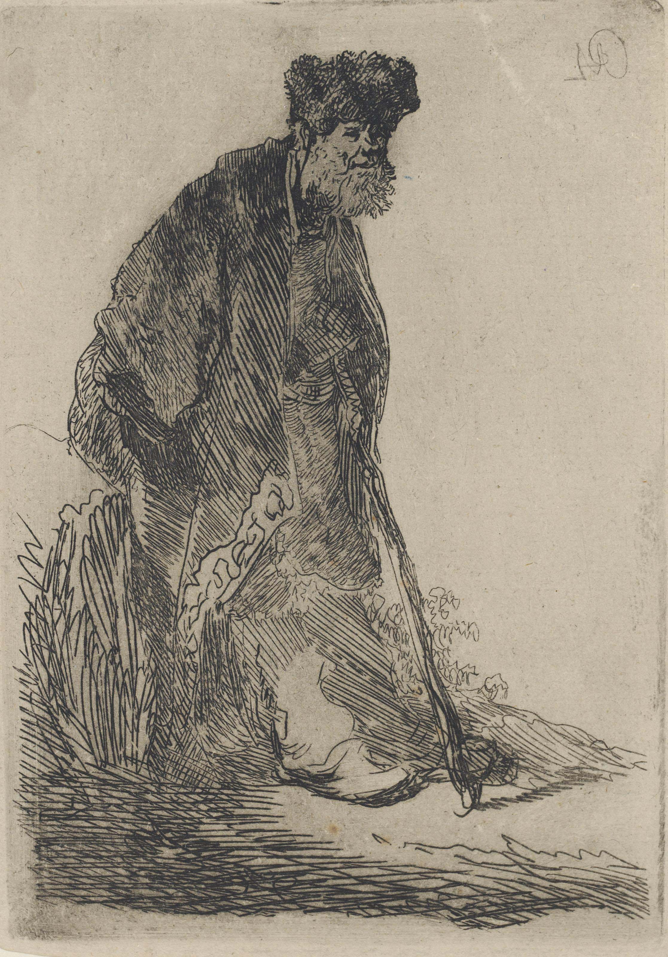 Rembrandt van Rijn — Мужчина в пальто и меховой шапке, прислонившийся к берегу (Барч, Холстейн, 151; Хинд, 14)