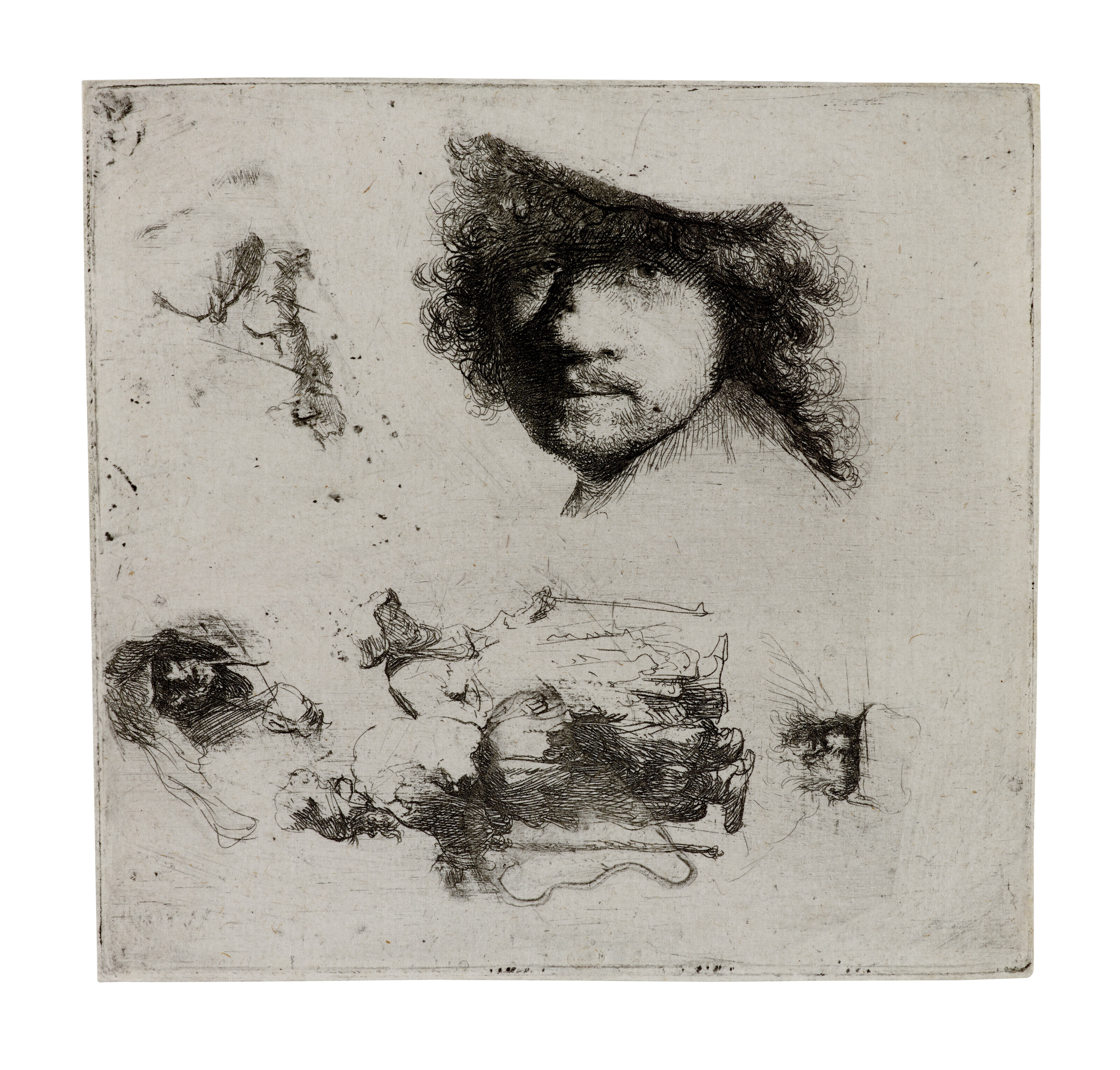 Rembrandt van Rijn — Лист с этюдами: Голова художника, пара нищих, головы Старика и старухи и т.д.