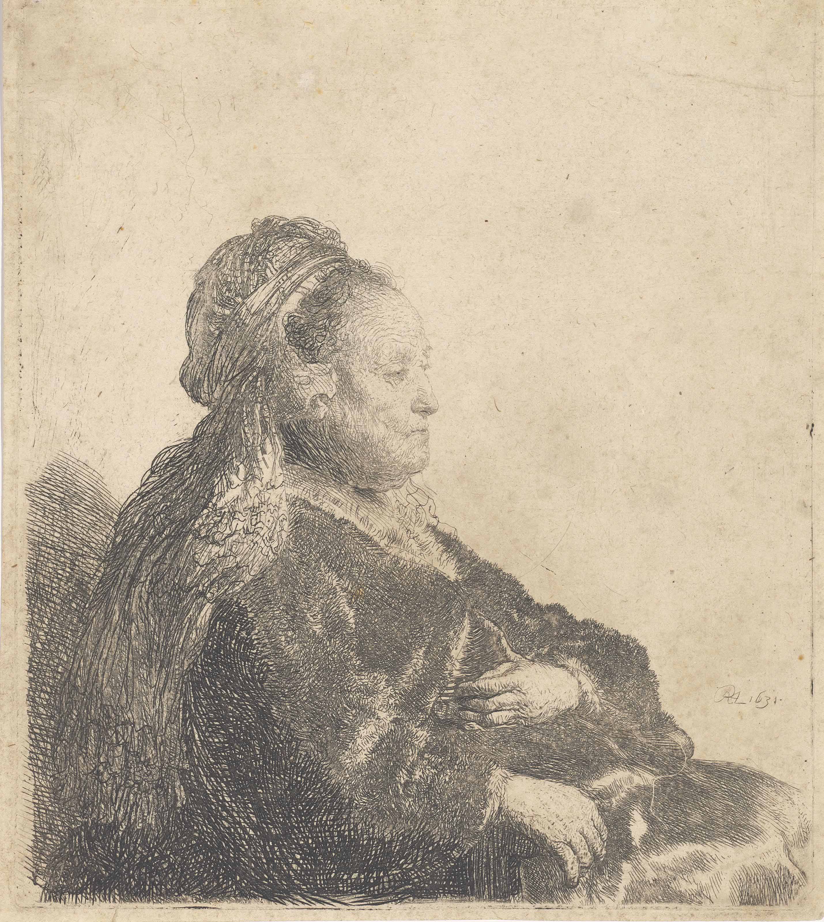 Rembrandt van Rijn — Мать художника сидит в восточном головном уборе длиной до пояса (Bartsch, Hollstein 348; Hind 51; New Hollstein 86).