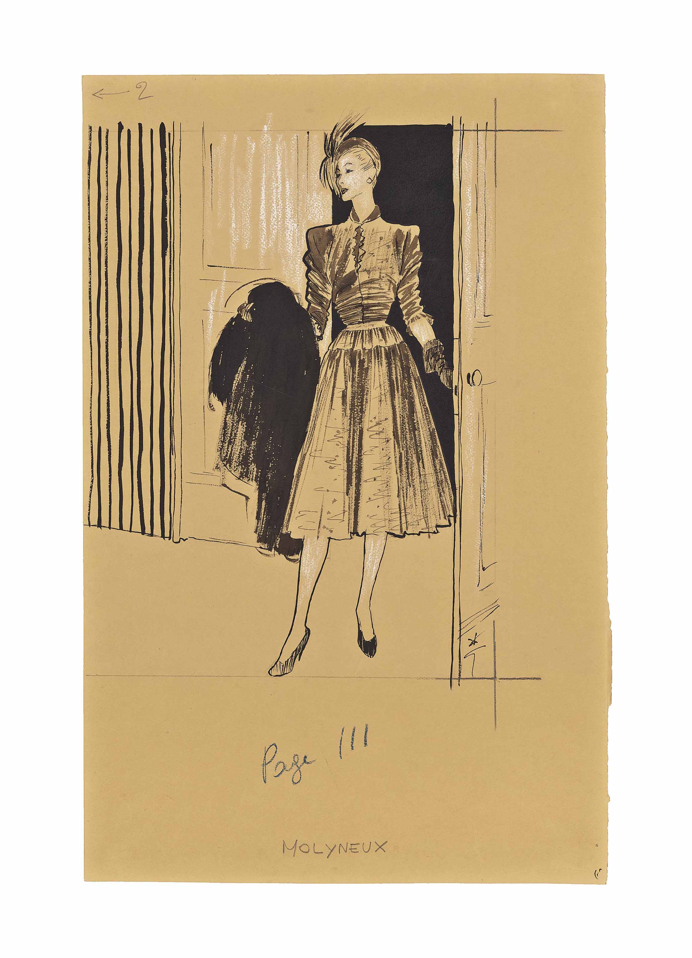 René Gruau — ДИЗАЙН ПЛАТЬЯ ОТ МОЛИНЬЕ ДЛЯ FEMINA, 1947