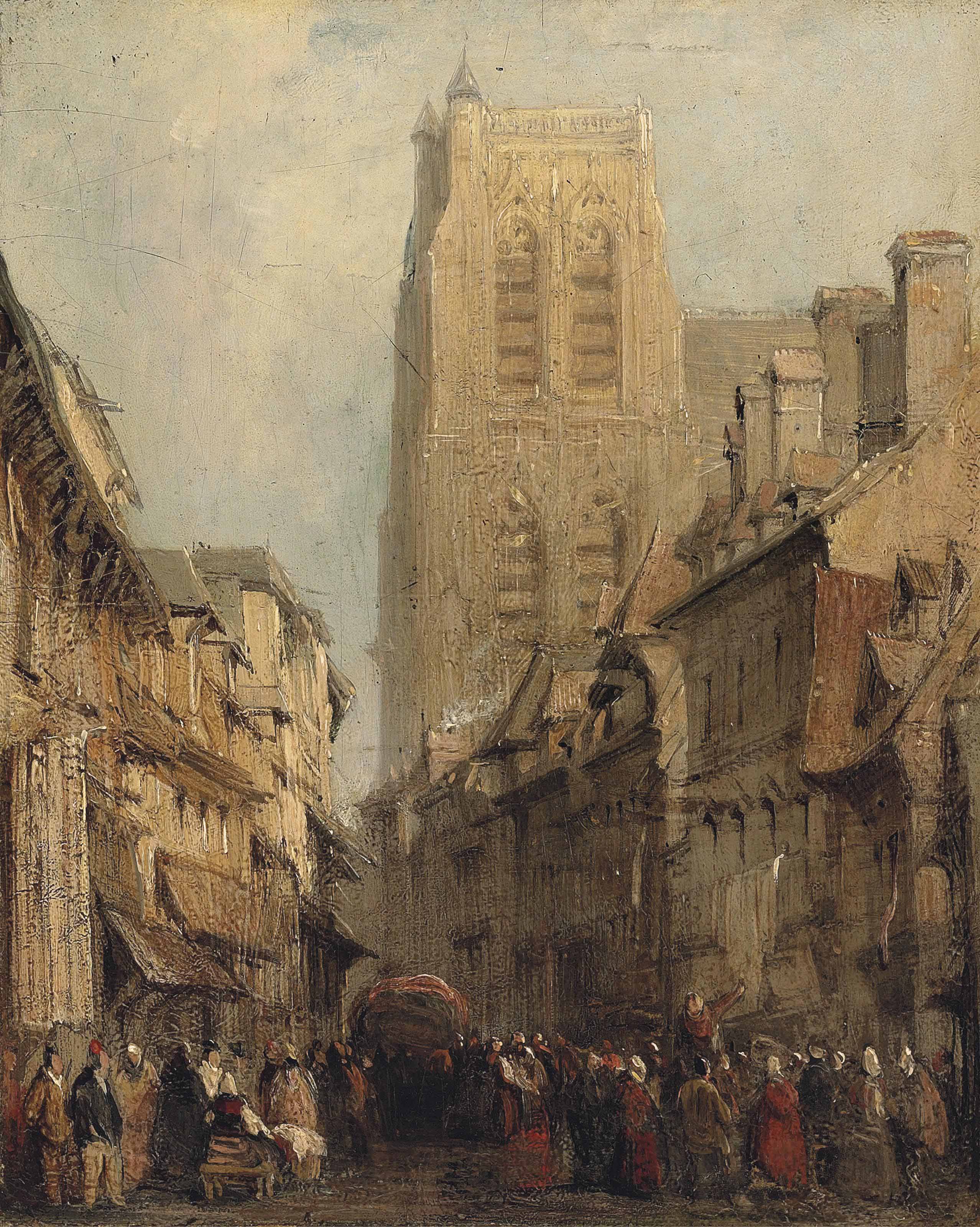 Richard Parkes Bonington — Вид на Аббевиль, Франция, с фигурами на переднем плане и церковью Святого Вульфрана за ней.