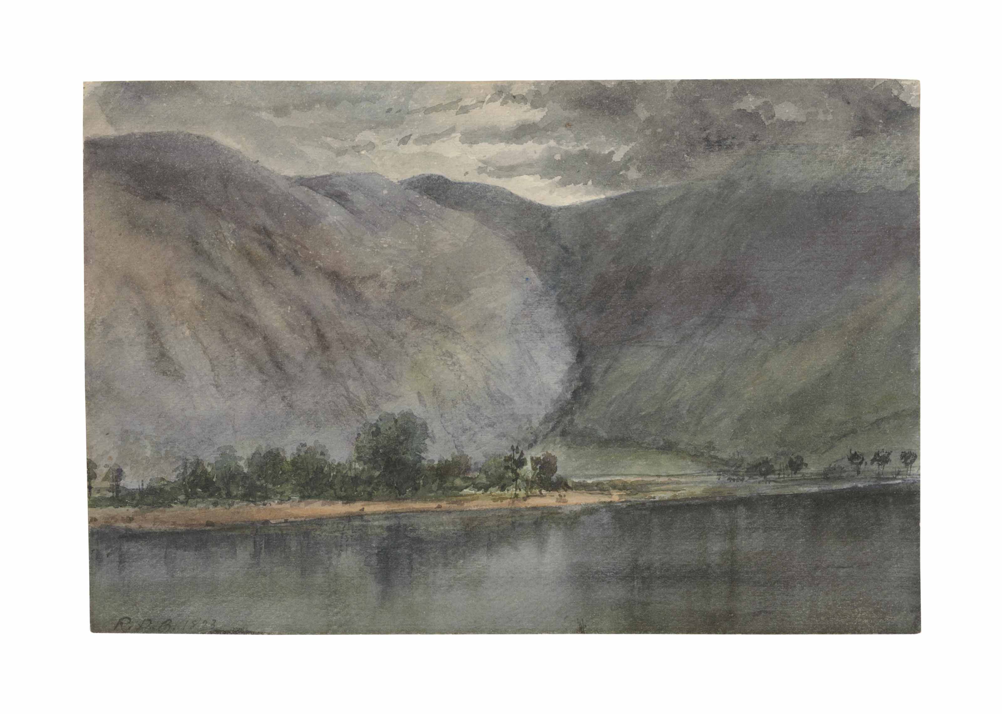 Richard Parkes Bonington — Пейзаж с холмами на берегу озера