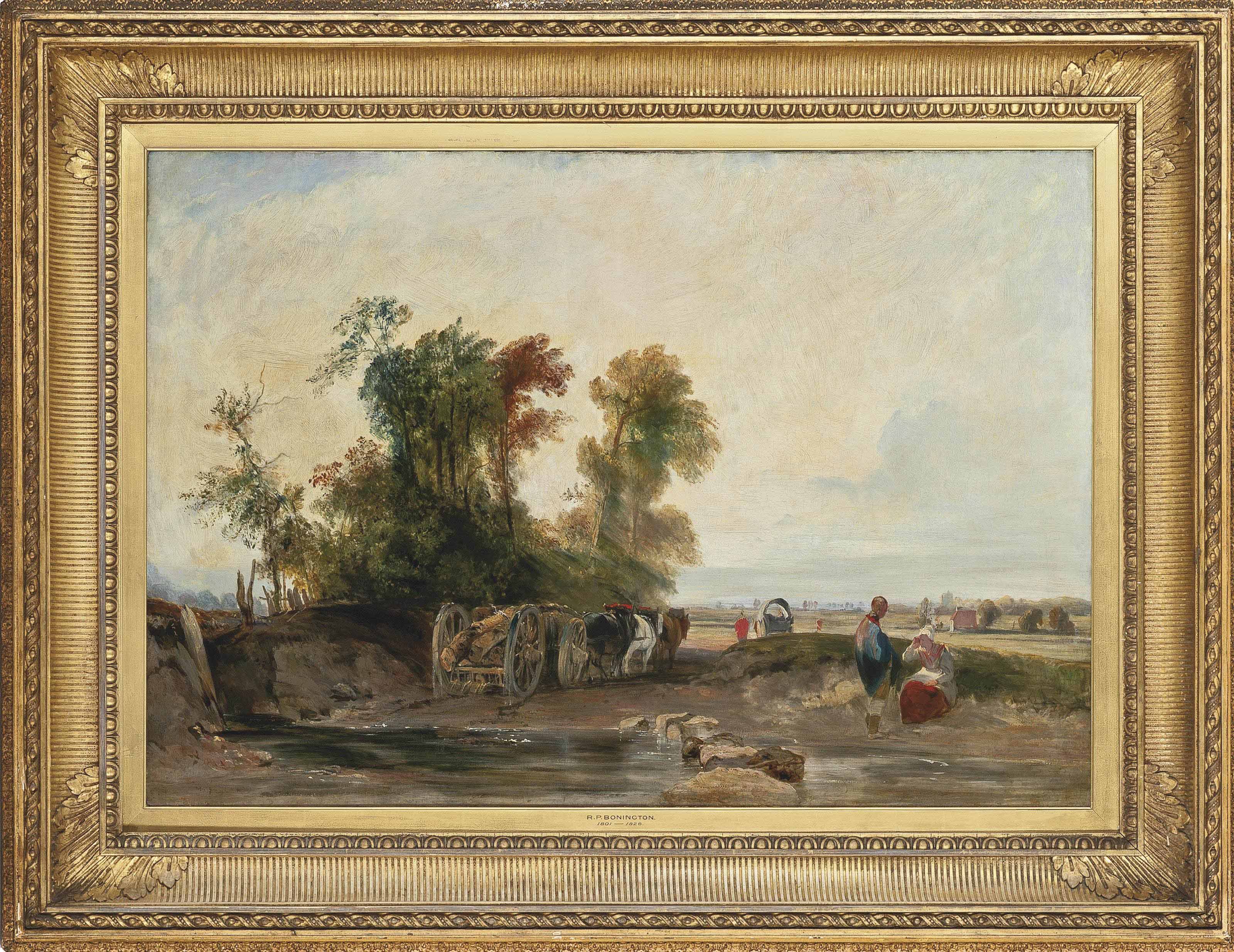 Richard Parkes Bonington — Речной пейзаж с повозкой лесовоза, фигуры отдыхающих на переднем плане