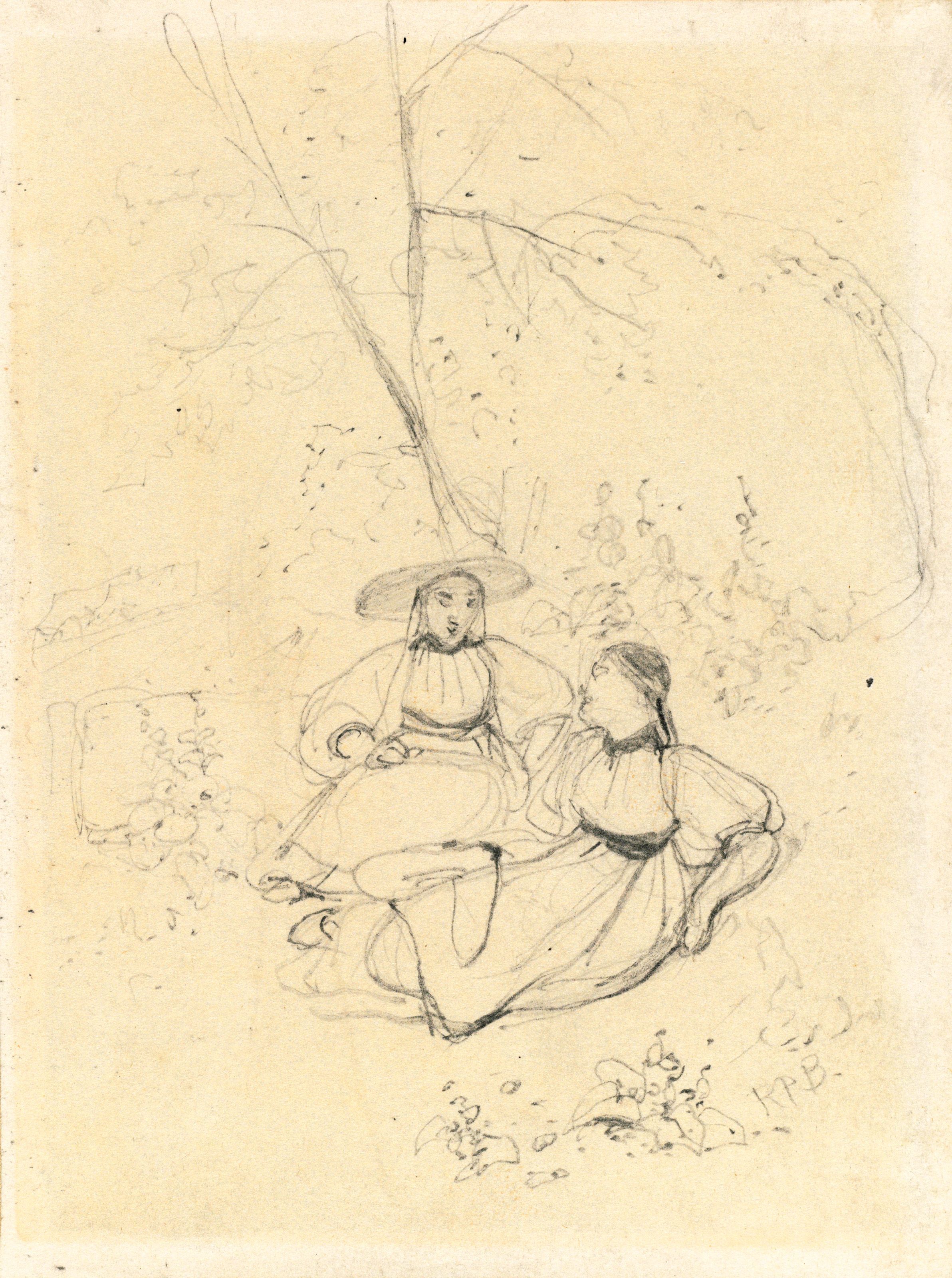 Richard Parkes Bonington — Две швейцарские девушки, сидящие под деревьями, и паж, вооружающий рыцаря