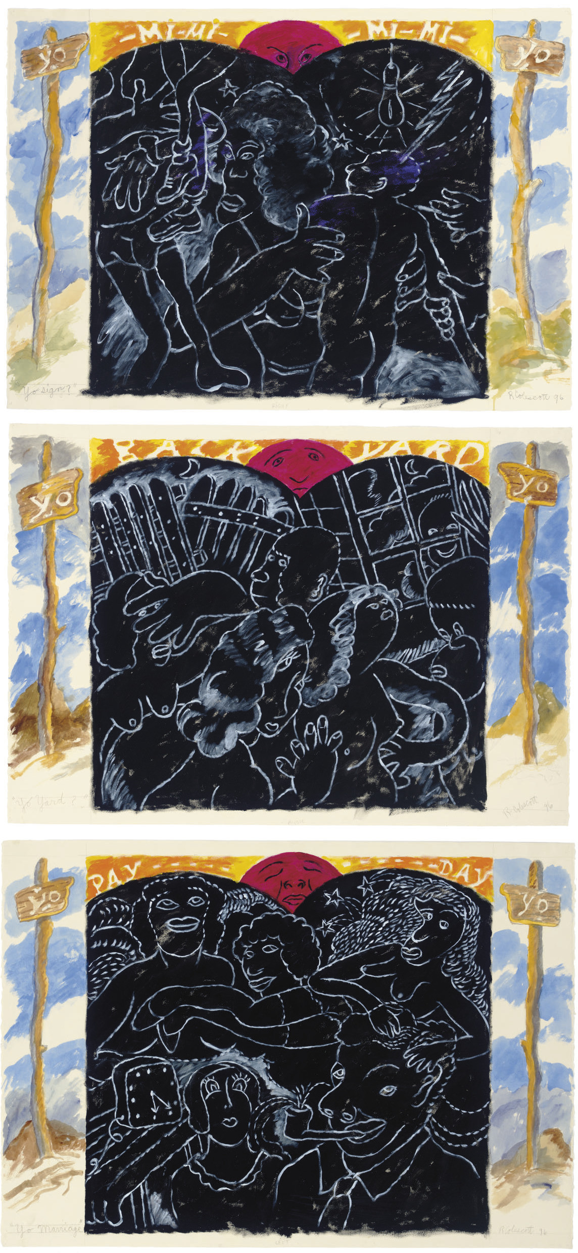 Robert Colescott — Табличка с надписью "Yo", названием и датой "R. Табличка с надписью "Colescott 96" (нижний край), акварель, масло и графит, бумага размером 29½ x 41½ дюйма (74,9 x 106 см), выполнена в 1996 году. Yo Yard? подпись, название и дата ""Yo Yard?" R. Colescott 96" (нижний край) акварель, масло и графит на бумаге размером 29½ x 41½ дюйма (74,9 x 106 см) Выполнены в 1996 году. Ваш брак подписан, озаглавлен и датирован "Р. Колескотт, ваш брак" (нижний край) акварель, масло и графит на бумаге размером 29½ x 41½ дюйма (74,9 x 106 см), выполненный в 1996 году. (3)