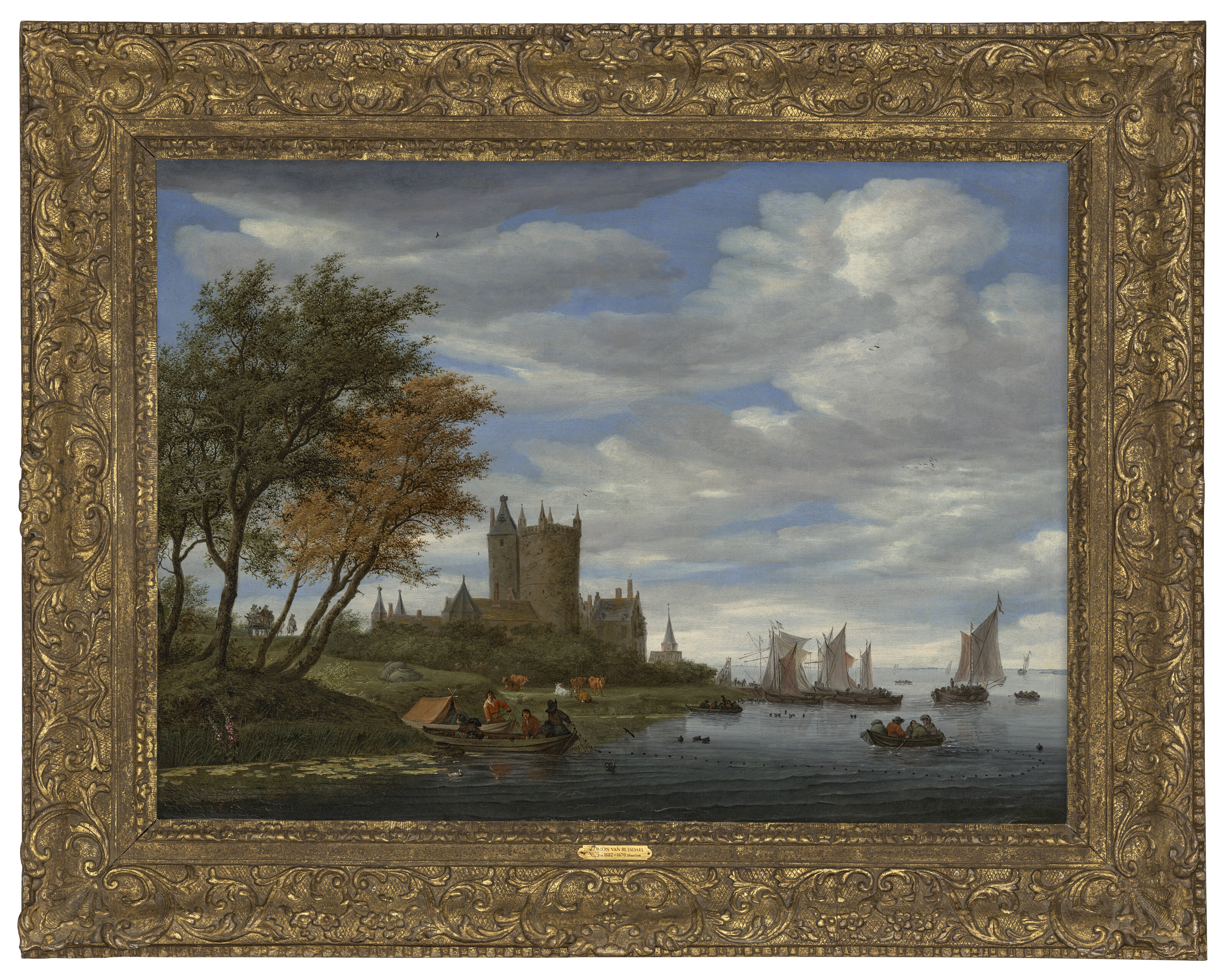 Salomon Van Ruysdael — Устье реки с парусниками и рыбаками, вытягивающими сети, укрепленный замок и повозка, запряженная лошадьми, на берегу, изображение 2
