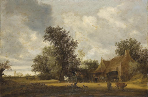 Salomon Van Ruysdael — Лесистый пейзаж со скотом, повозками на дороге и гостиницей, церковь за