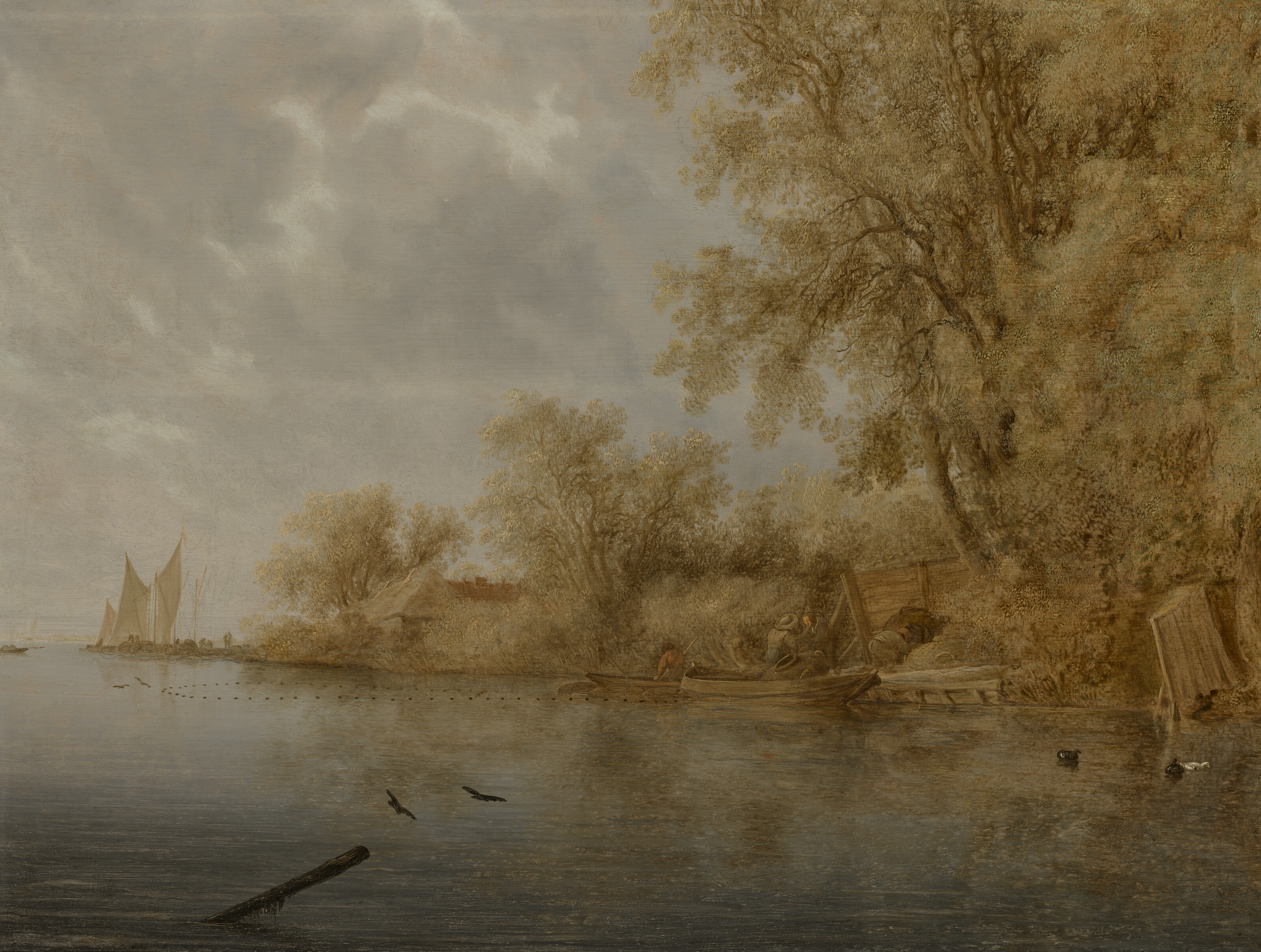 Salomon Van Ruysdael — Берег реки с рыбаками, которые чистят свои сети и выгружают корзины с рыбой