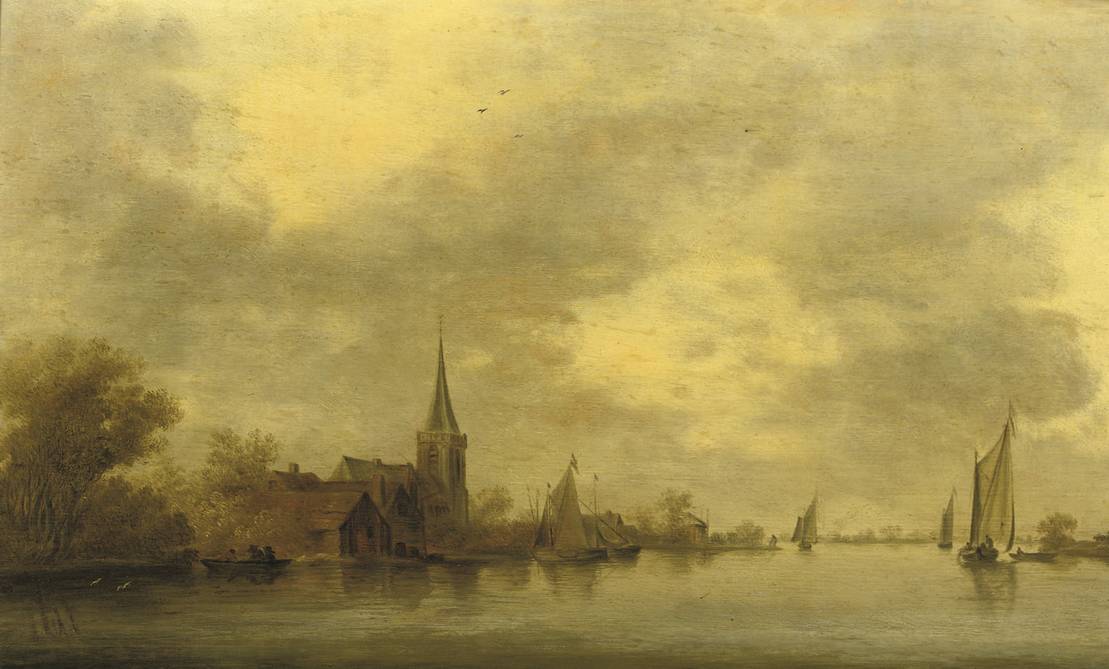 Salomon Van Ruysdael — Речной пейзаж с парусными судами рядом с деревней