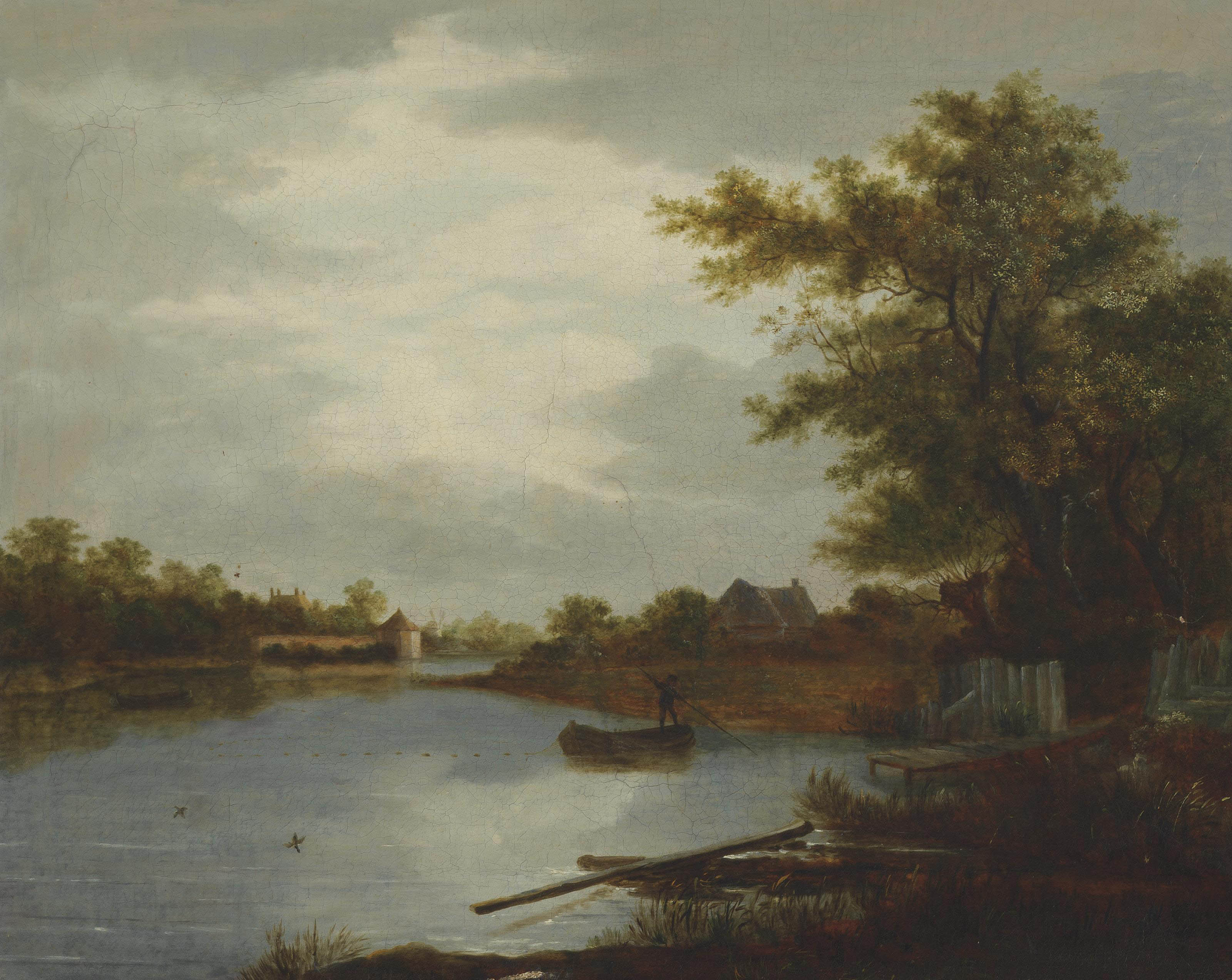 Salomon Van Ruysdael — Речной пейзаж с человеком, управляющим лодкой, ветряная мельница за ней.