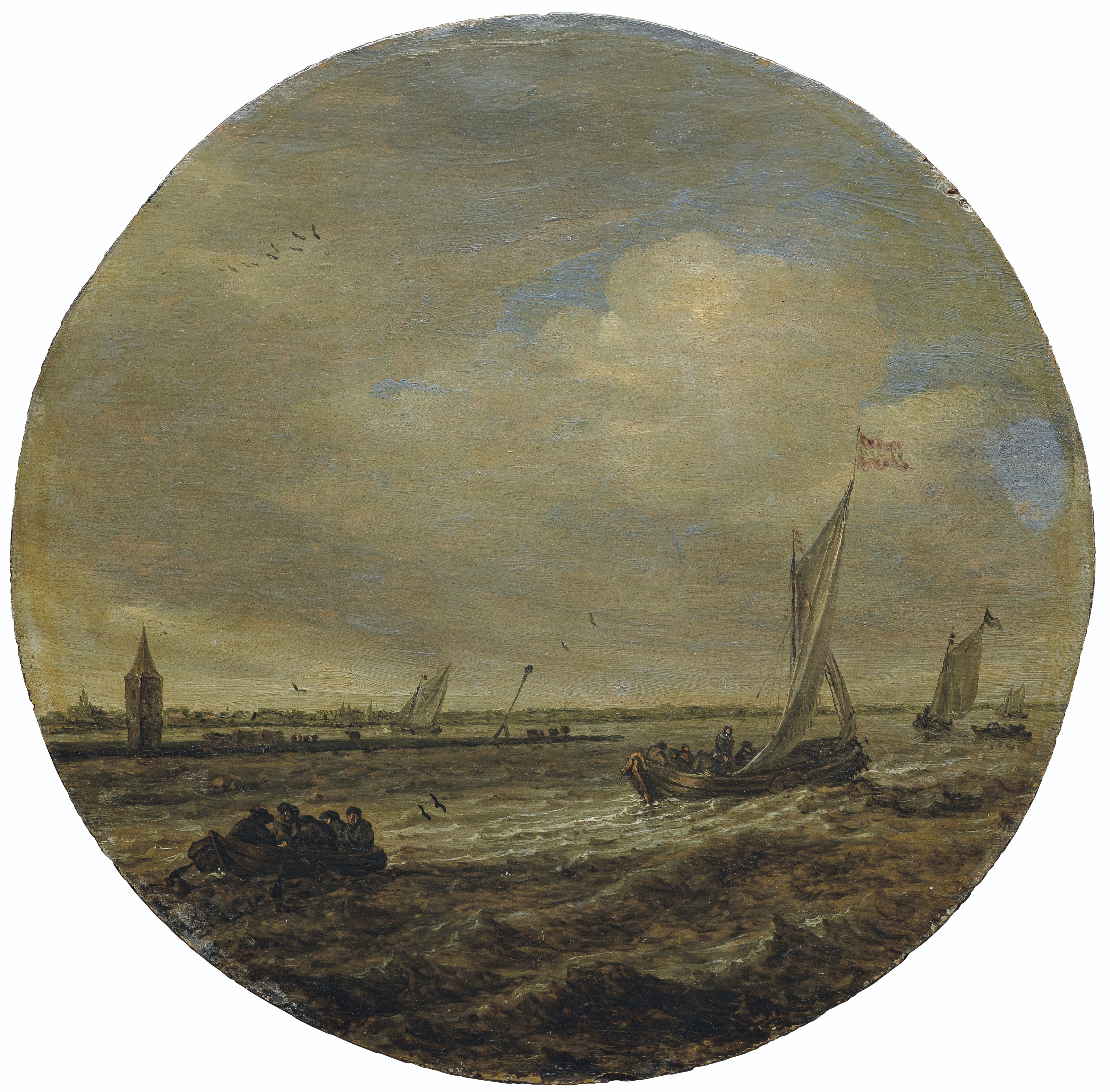 Salomon Van Ruysdael — Неспокойное море с лодками и башней на косе суши