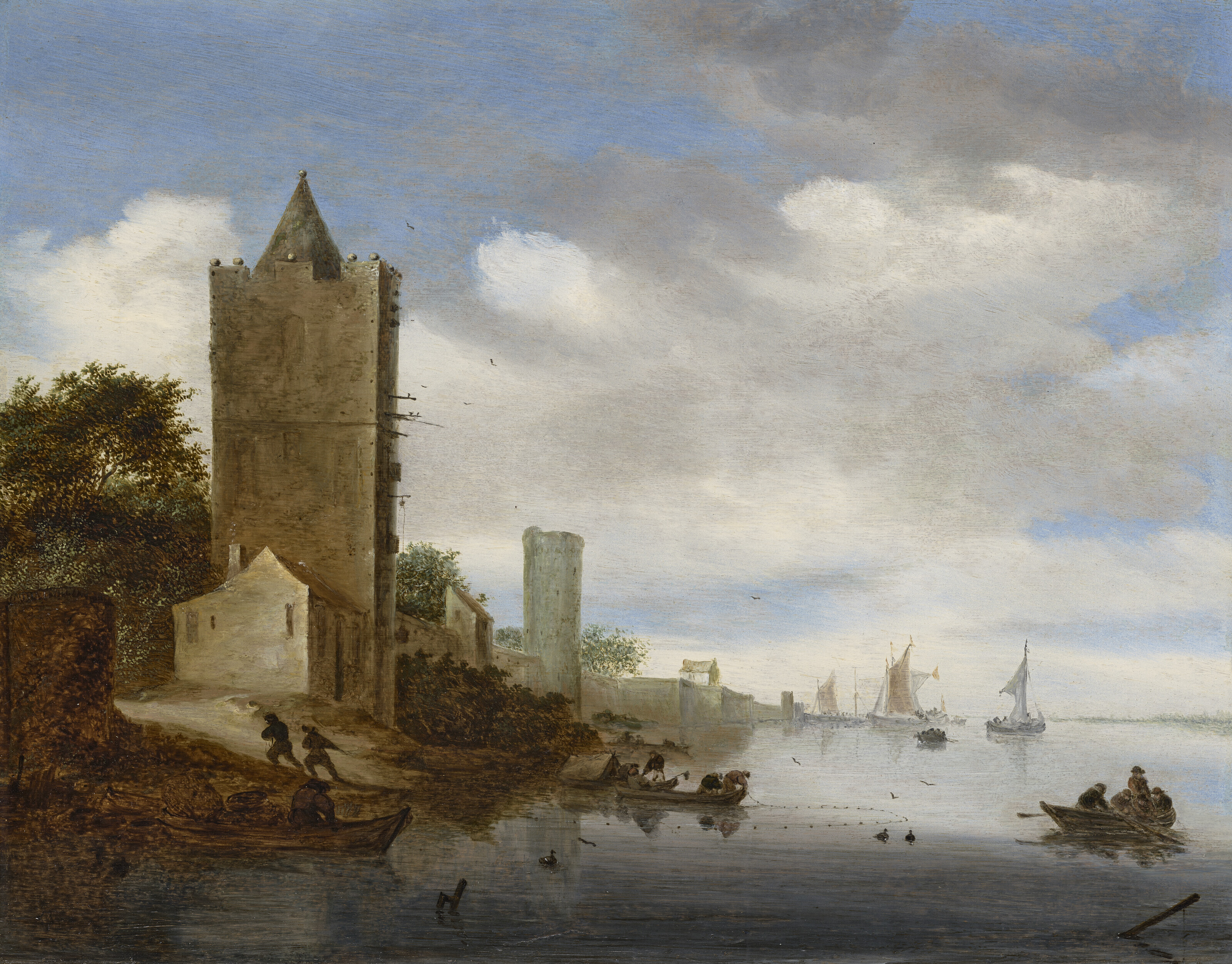 Salomon Van Ruysdael — Речной пейзаж с рыбаками, с видом на Пломпеторен, Утрехт