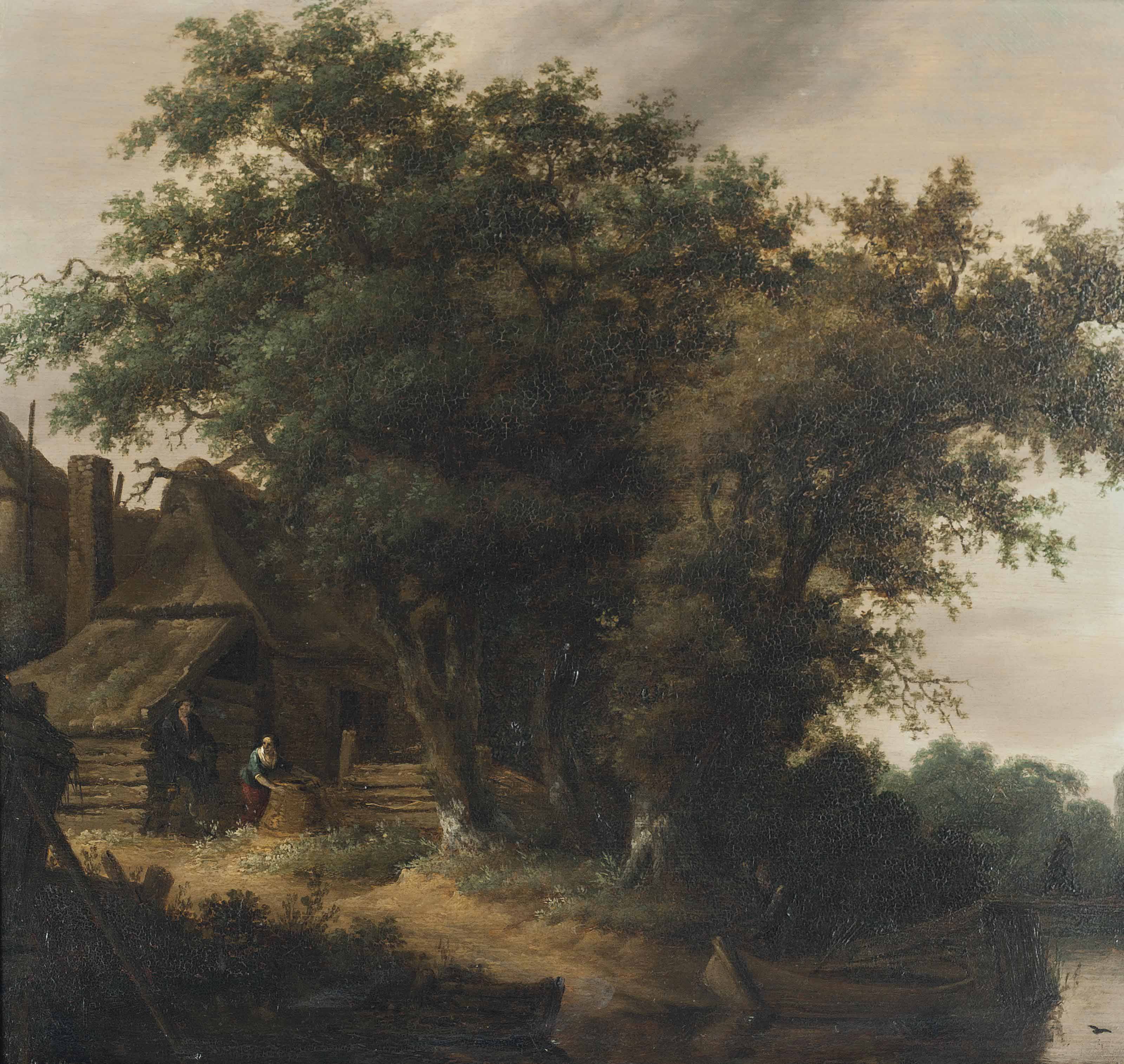 Salomon Van Ruysdael — Лесистый речной пейзаж с крестьянами перед коттеджем