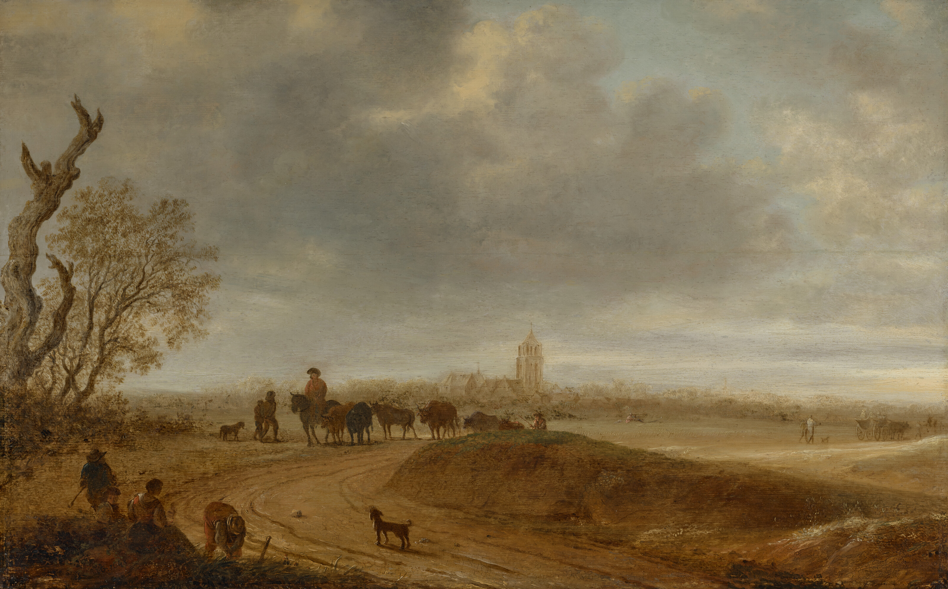 Salomon Van Ruysdael — Дюнный пейзаж с фигурами и скотом на дороге, собор за ним.