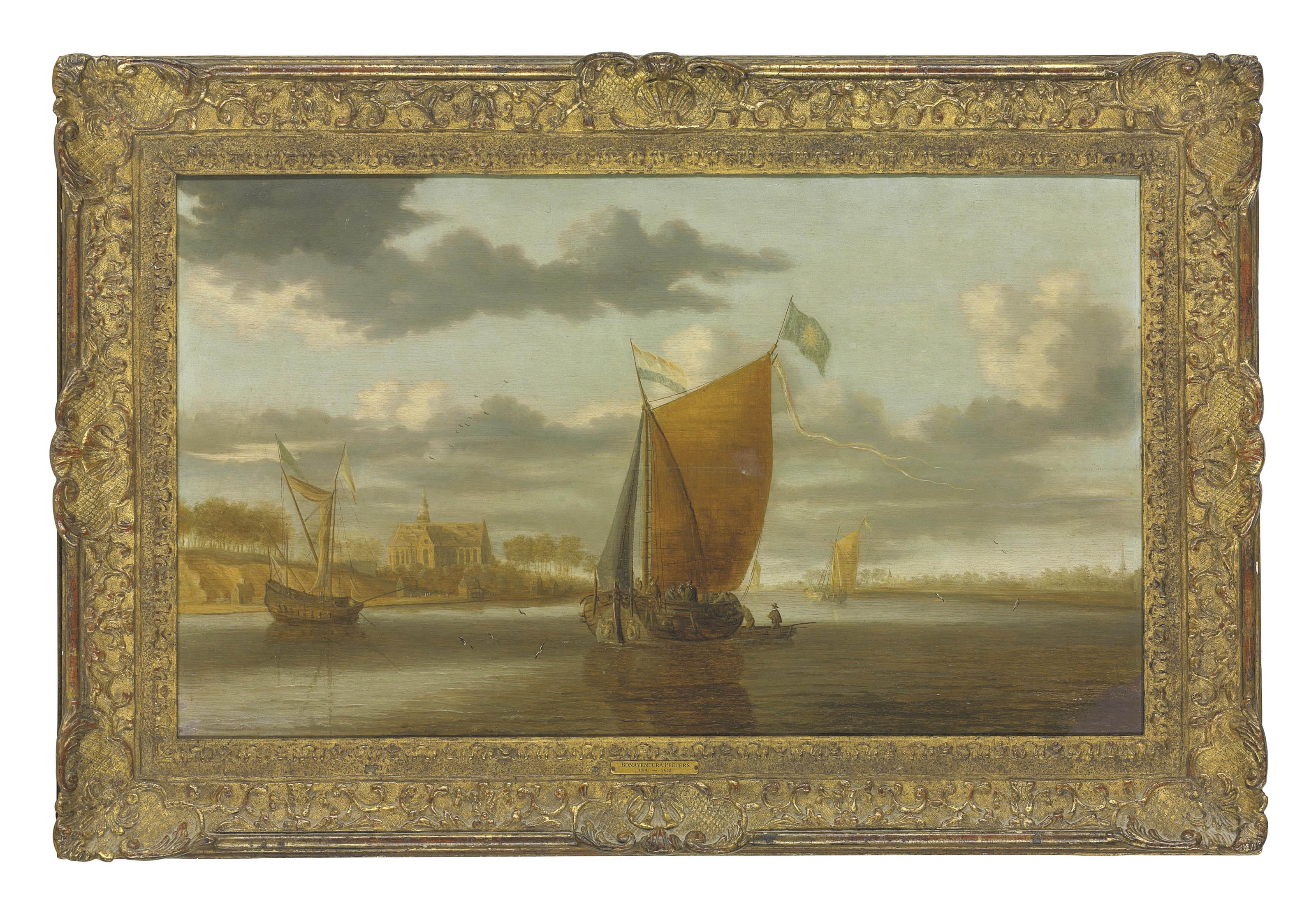 Salomon Van Ruysdael — Обширный речной пейзаж с двумя судами и другими лодками, церковь за ними