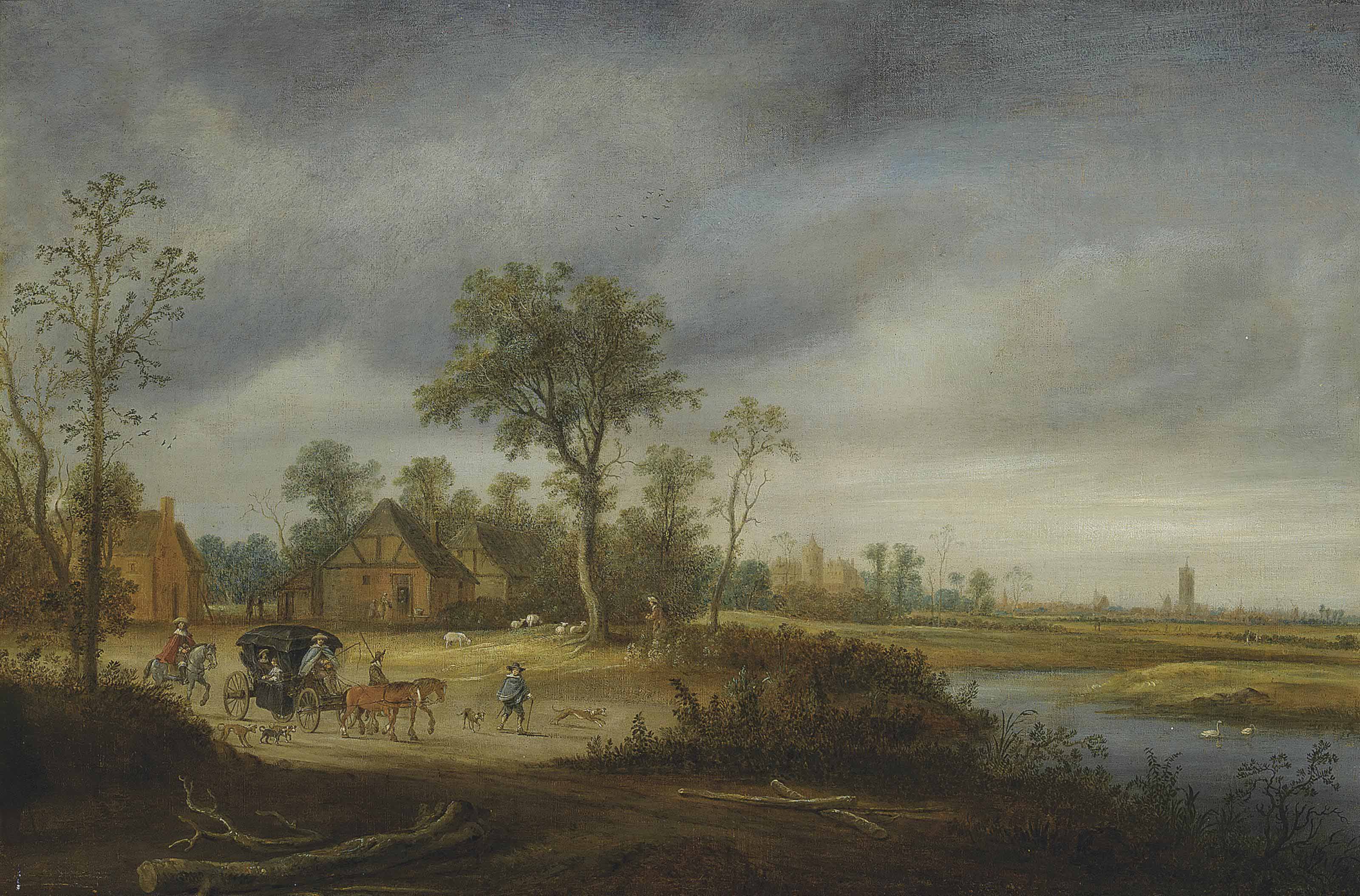 Salomon Van Ruysdael — Речной пейзаж с путешественниками на дороге, город за его пределами.
