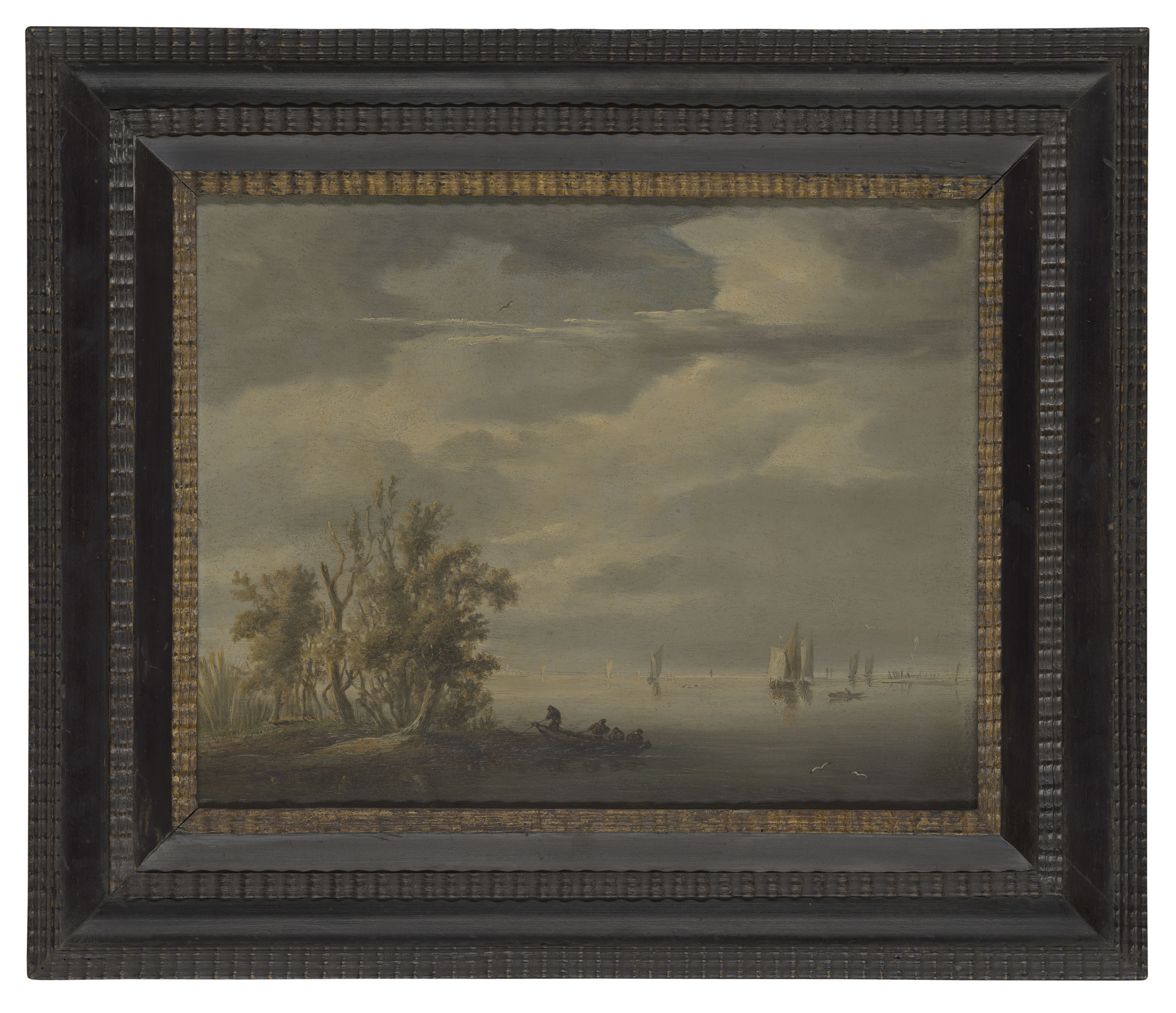 Salomon Van Ruysdael — Речной пейзаж с фигурами, высаживающимися из лодки, суда за ее пределами.