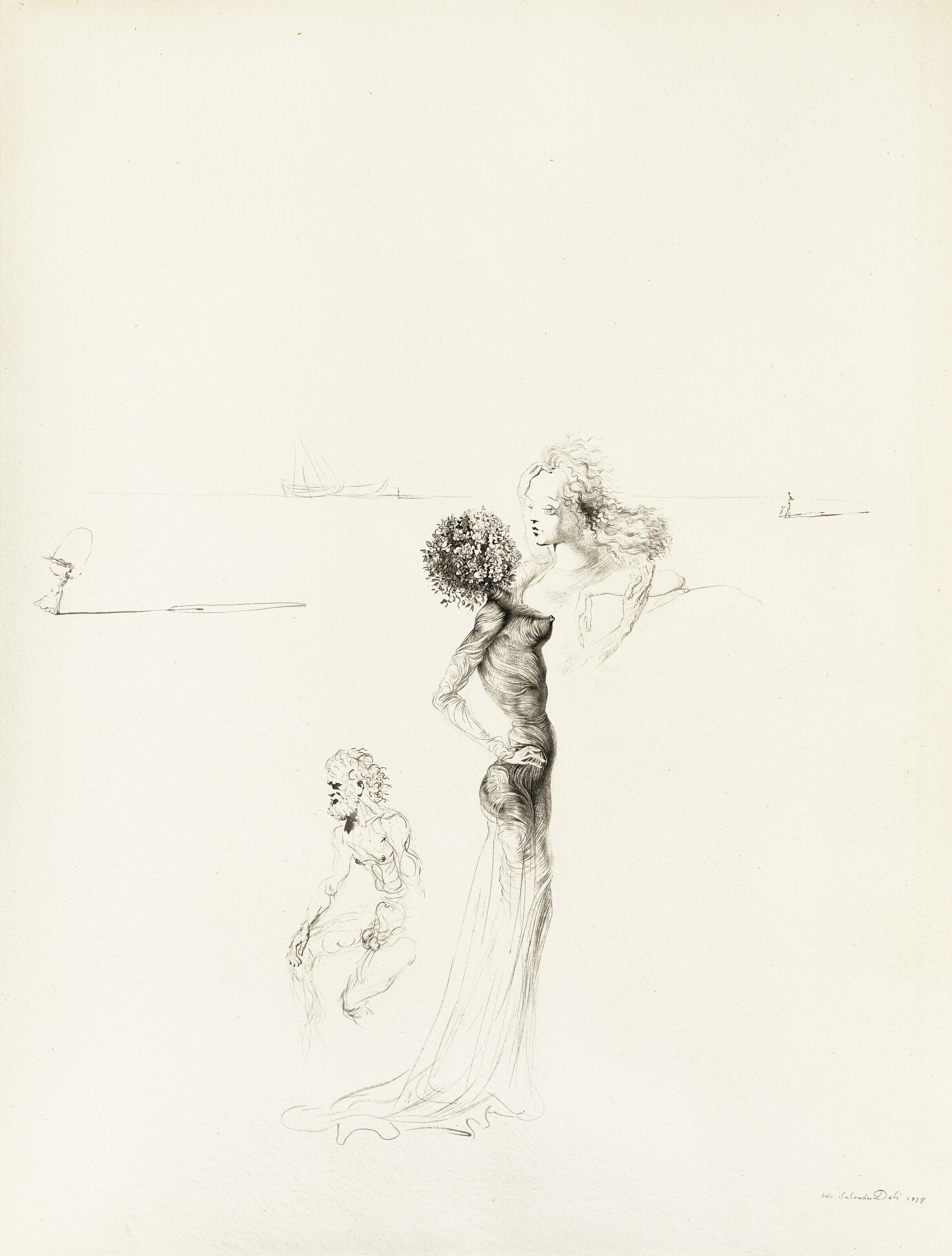 Salvador Dalí — Женщина наедине с розой, бюст женщины и вийярд ну, изображение 1