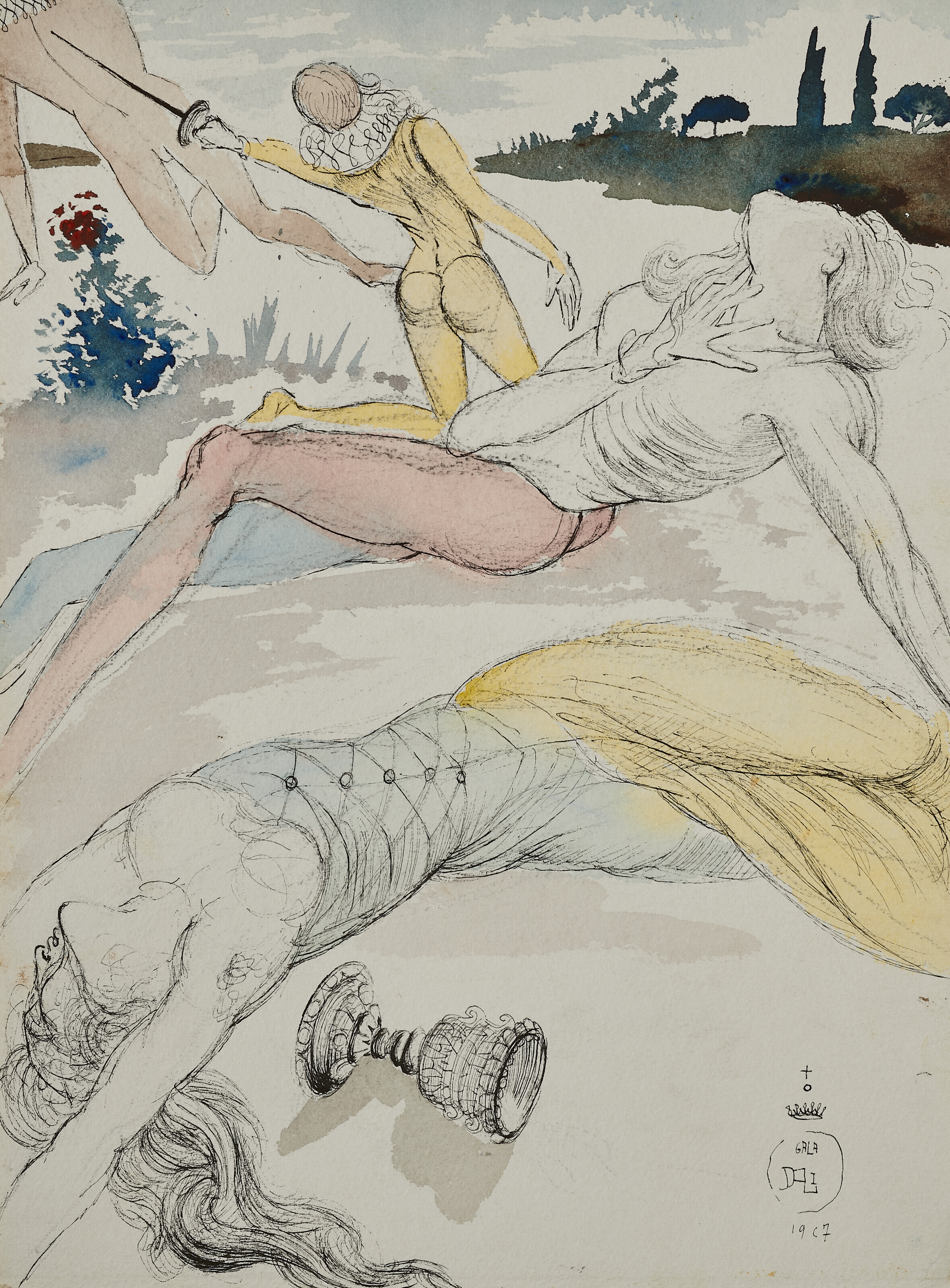 Salvador Dalí — Финальная сцена, "Королева в отчаянии", Лаэрт в агонии и Гамлет с королем ("Гамлет"; Акт V; сцена 2), изображение 1