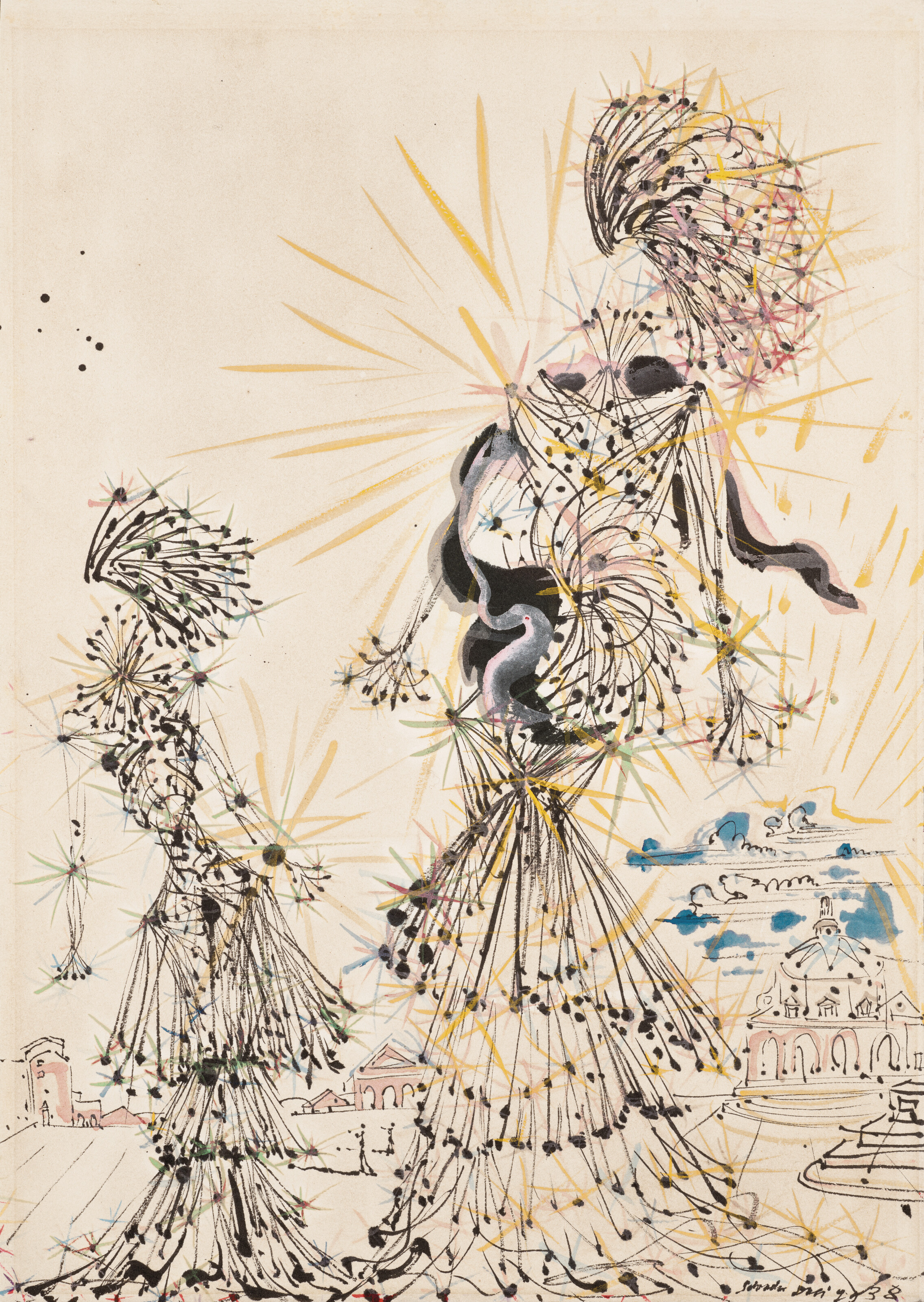 Salvador Dalí — Композиция - Двое женщин и деревня, где танцуют любовь