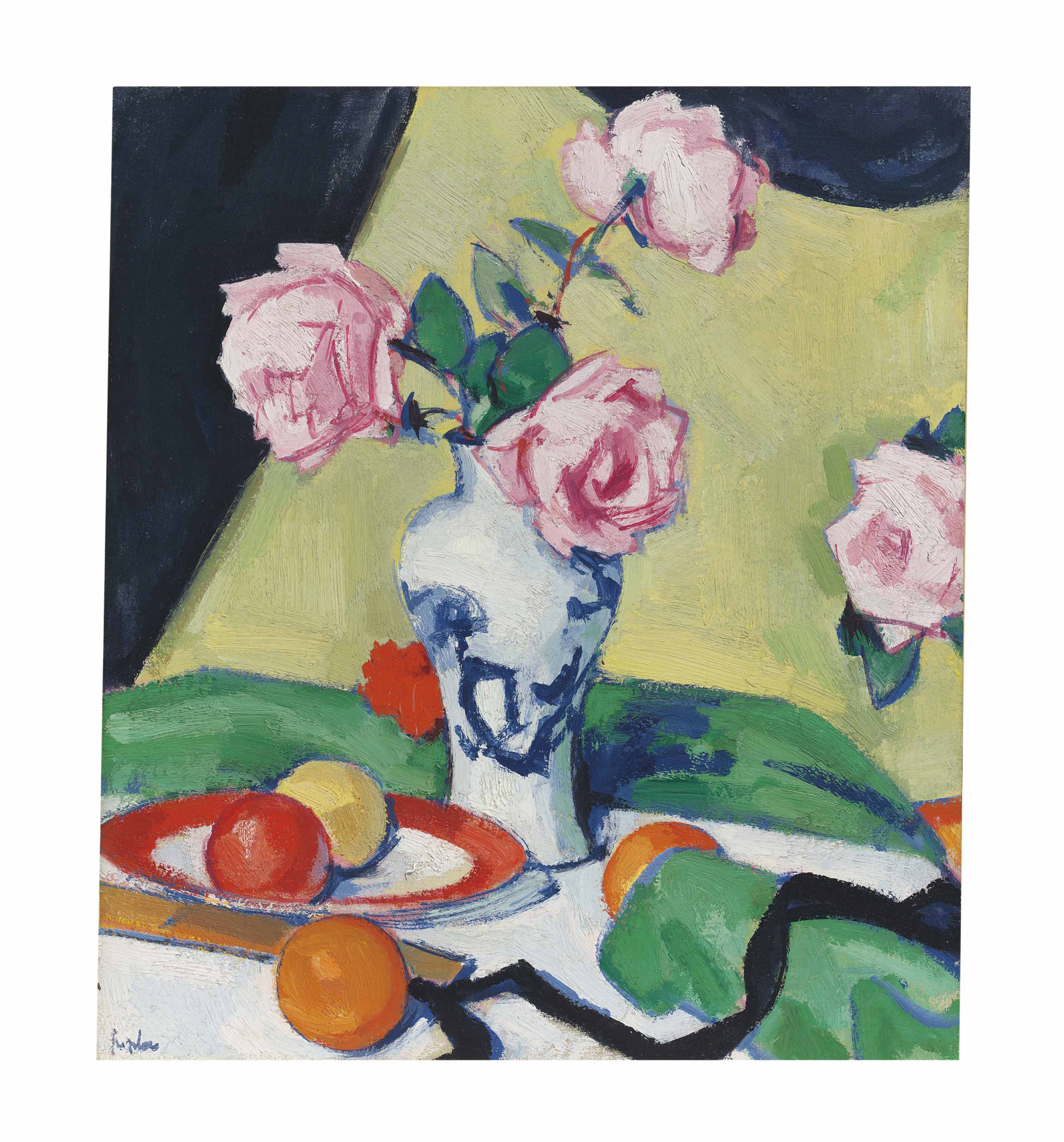 Samuel John Peploe — Натюрморт из розовых роз и фруктов