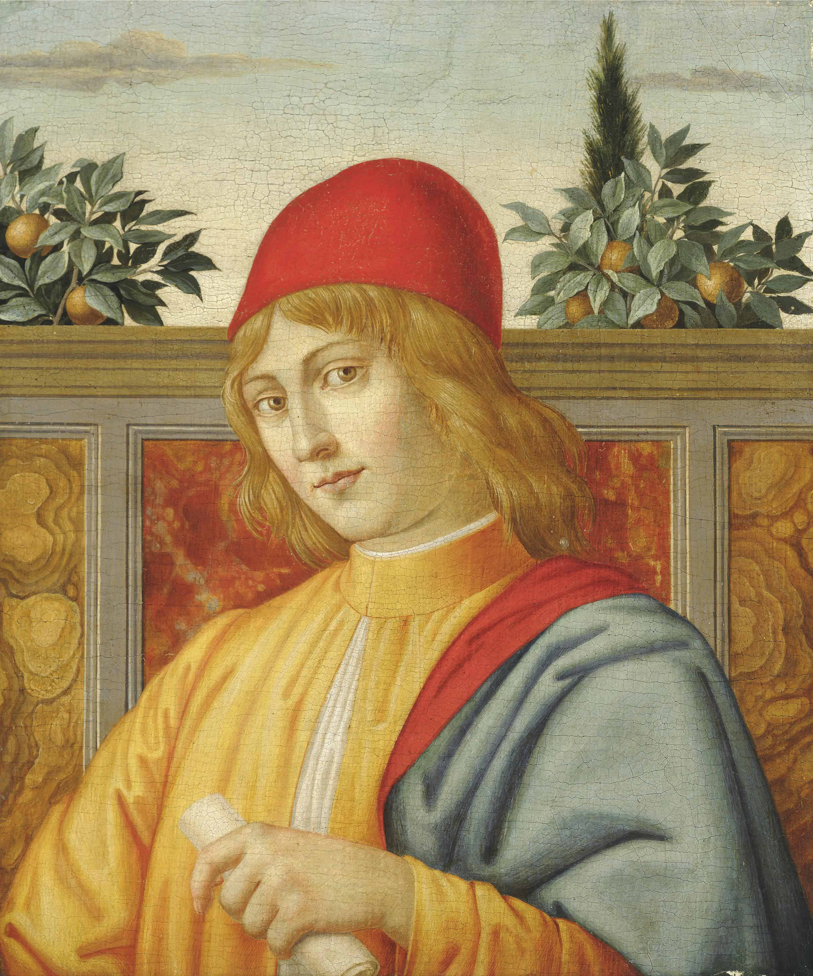 Sandro Botticelli — Портрет молодого человека во весь рост, возможно, Пьеро Лоренцо Медичи (1492-1519), в желтом плаще и красной шляпе, со свитком в левой руке.