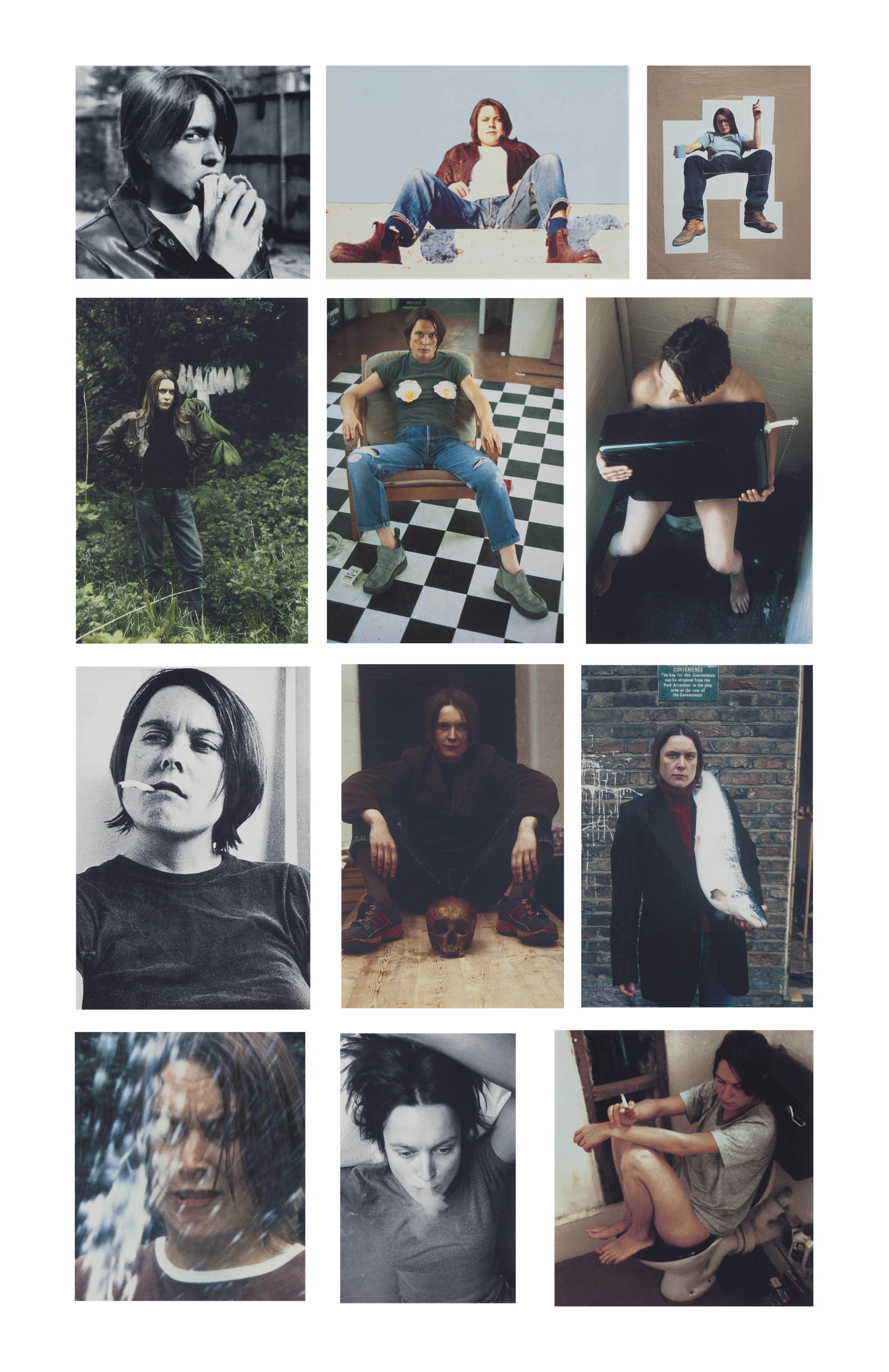 Sarah Lucas — Автопортреты 1990-1998: (i) Ест банан, 1990 (ii) Божественный, 1991 (iii) Автопортрет с кружкой чая, 1993 (iv) Автопортрет в трусиках, 1994 (v) Автопортрет с яичницей-глазуньей, 1996 (vi) Человеческий туалет, 1996 (vii) Борьба Огонь с огнем, 1996 (viii) Автопортрет с черепом, 1997 (ix) Поймал лосося в №3, 1997 (x) Лето, 1998 (xi) Курение, 1998 (xii) Возвращение в человеческий туалет, 1998