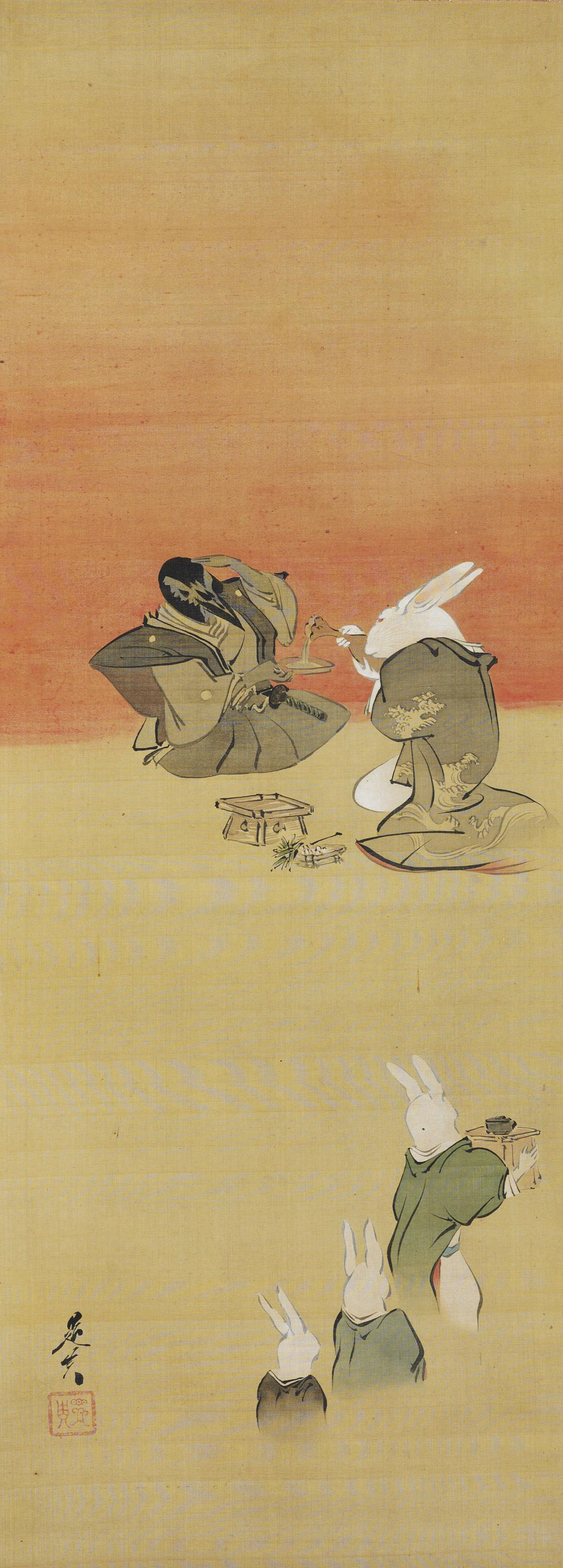 Shibata Zeshin — Воробей и кролики празднуют новый год