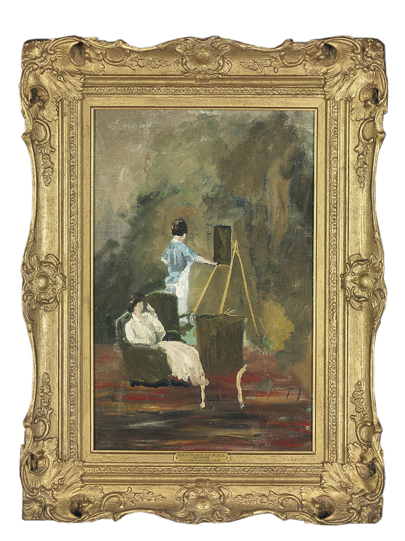 Sir John Lavery — ЧЕРЧИЛЛЬ, Уинстон С. Интерьер мастерской сэра Джона Лавери с двумя дамами, холст, масло, 18 х 12 дюймов (457 х 305 мм), написана около 1922 года. Происхождение : Сара, леди Одли; Студия, Чартвелл; Christie's, 20 июня 1996 года, лот 73.