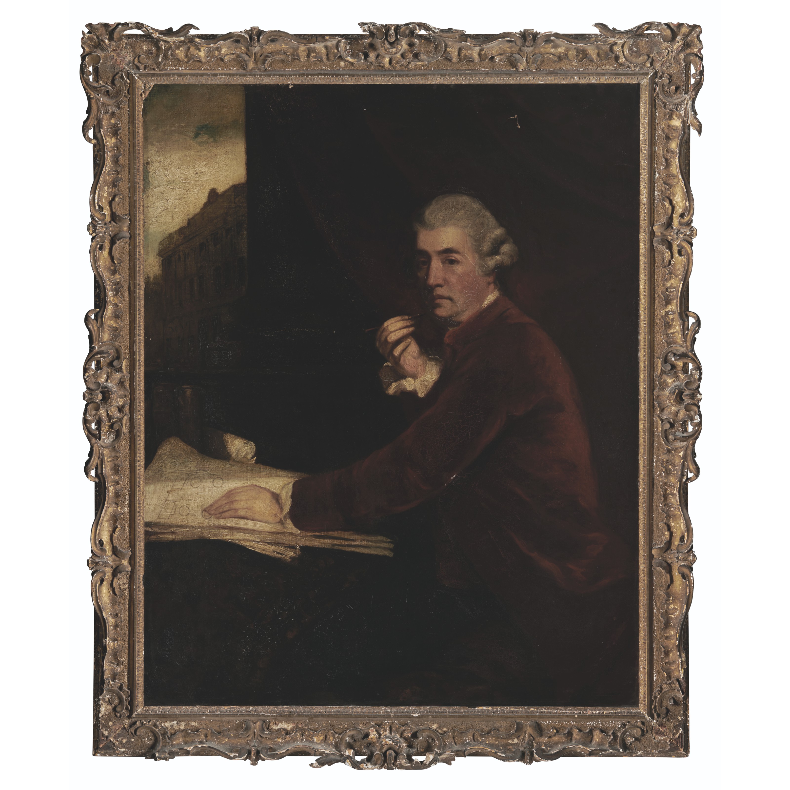 Sir Joshua Reynolds — Портрет сэра Уильяма Чемберса, члена Королевской семьи (1722-1796), в три четверти роста, в малиновом пиджаке, левая рука покоится на архитектурных чертежах, Сомерсет-хаус за